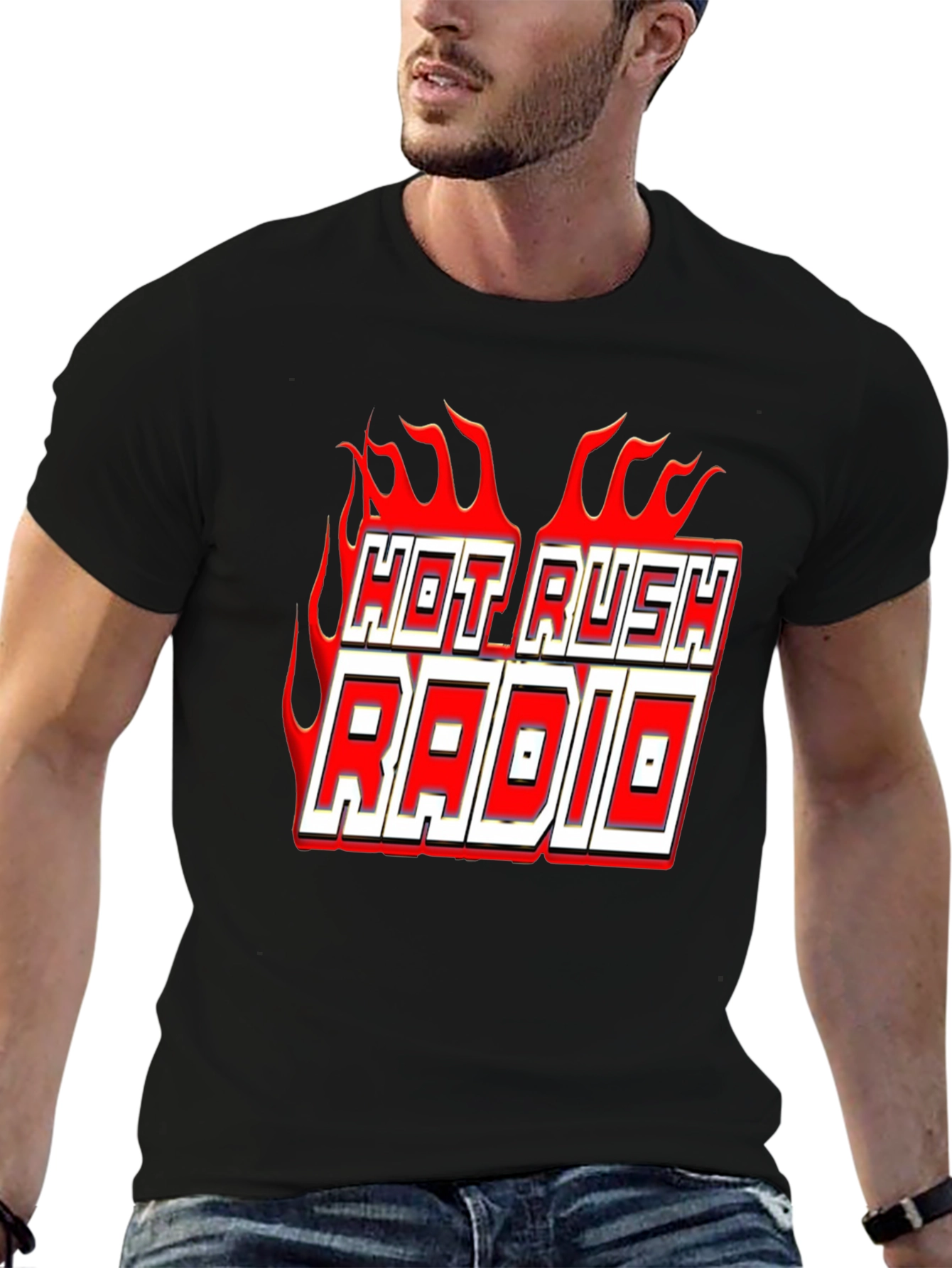 Hot Rush Radio Flame Graphic Black T-Shirt