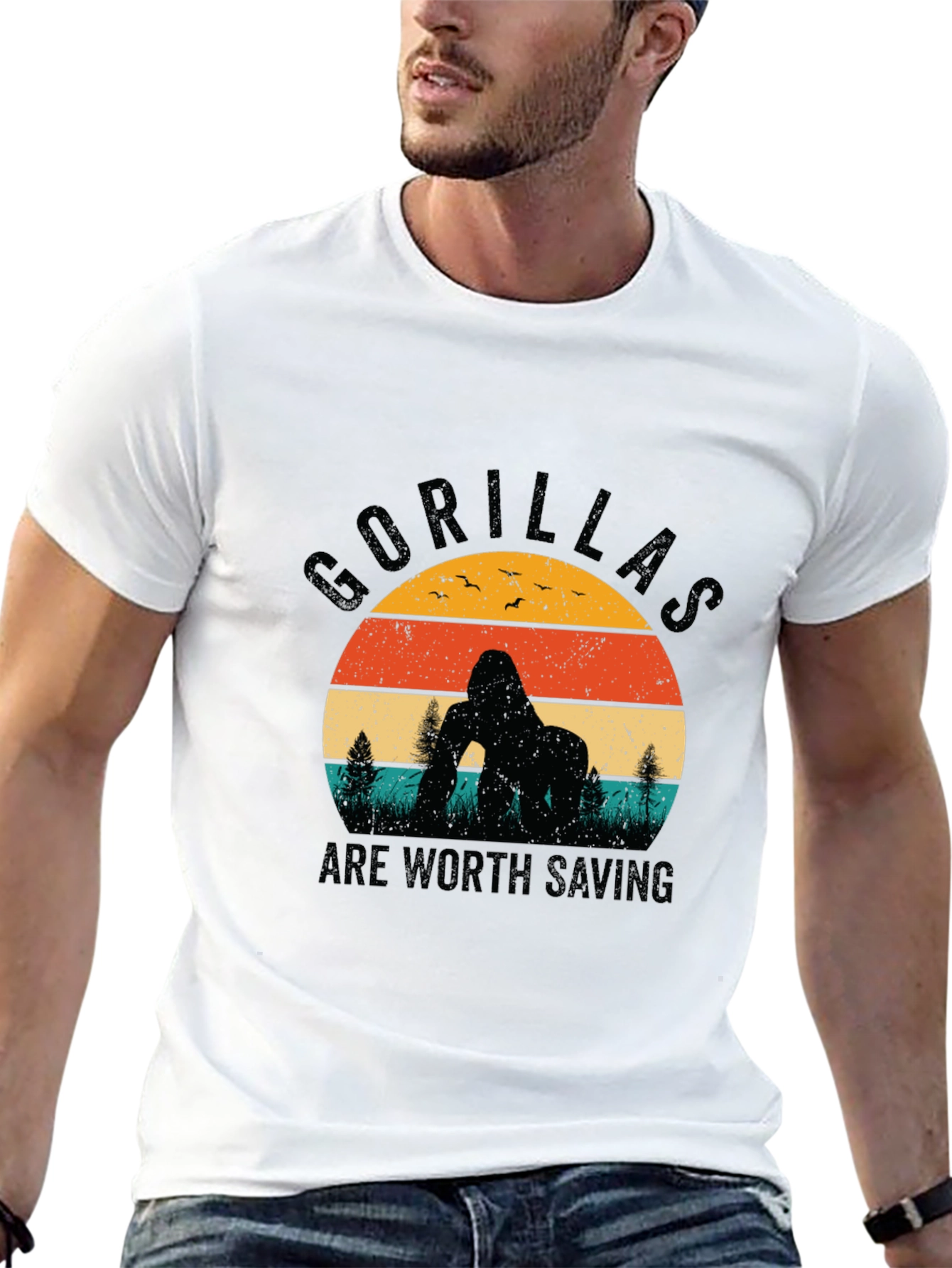Gorilla Conservation T-Shirt Retro Sunset Design