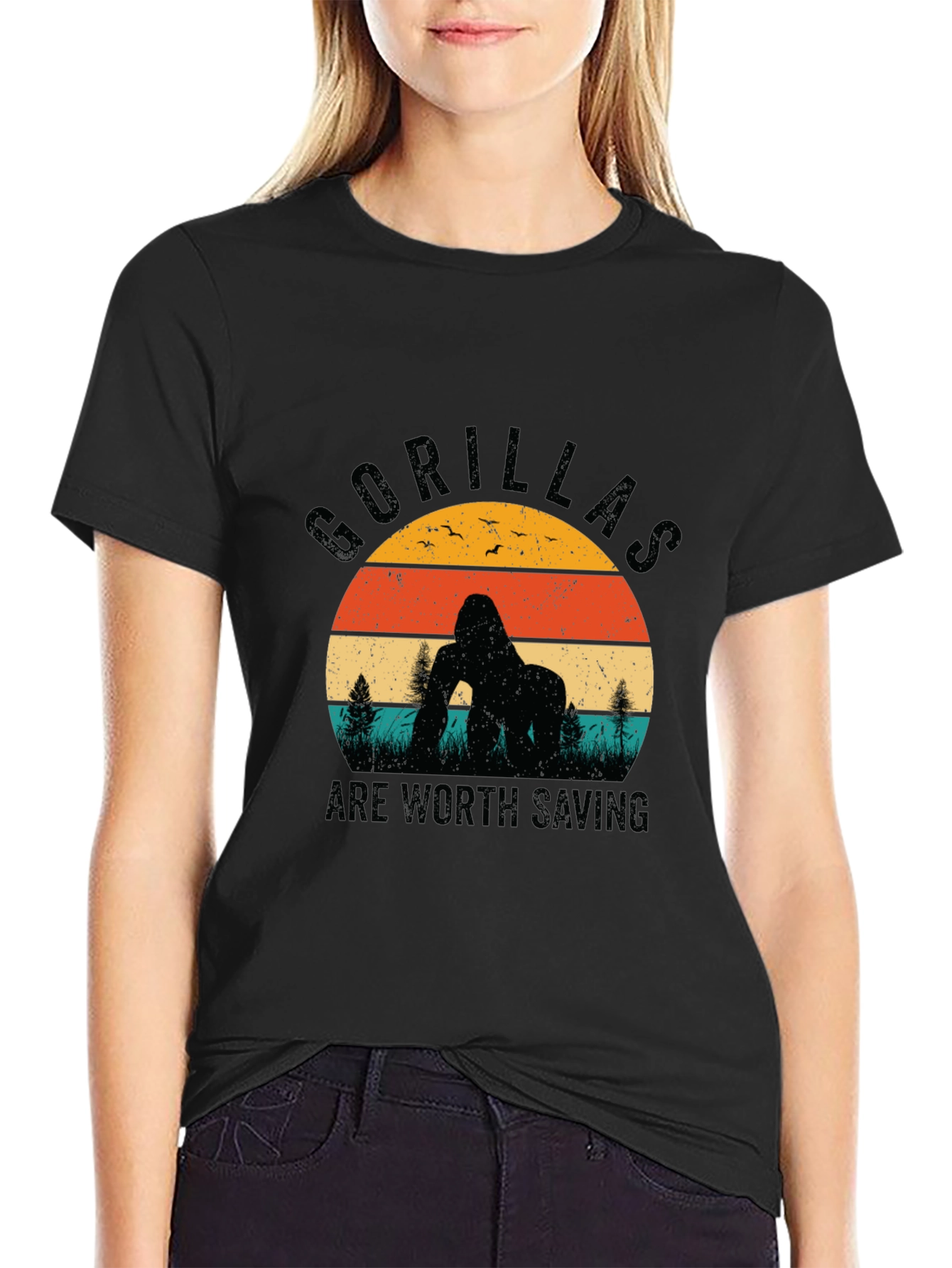Gorilla Conservation T-Shirt Retro Sunset Design