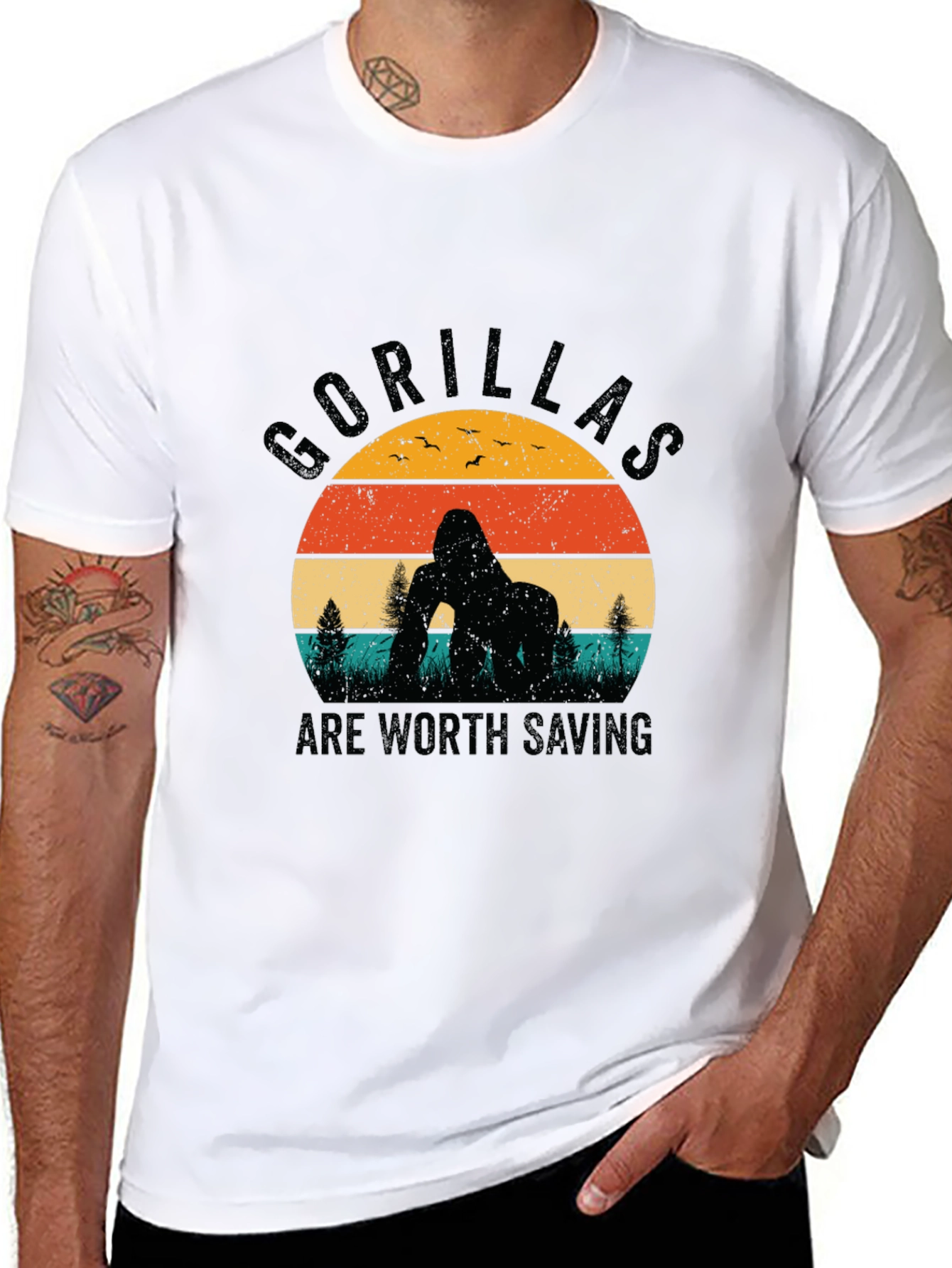 Gorilla Conservation T-Shirt Retro Sunset Design