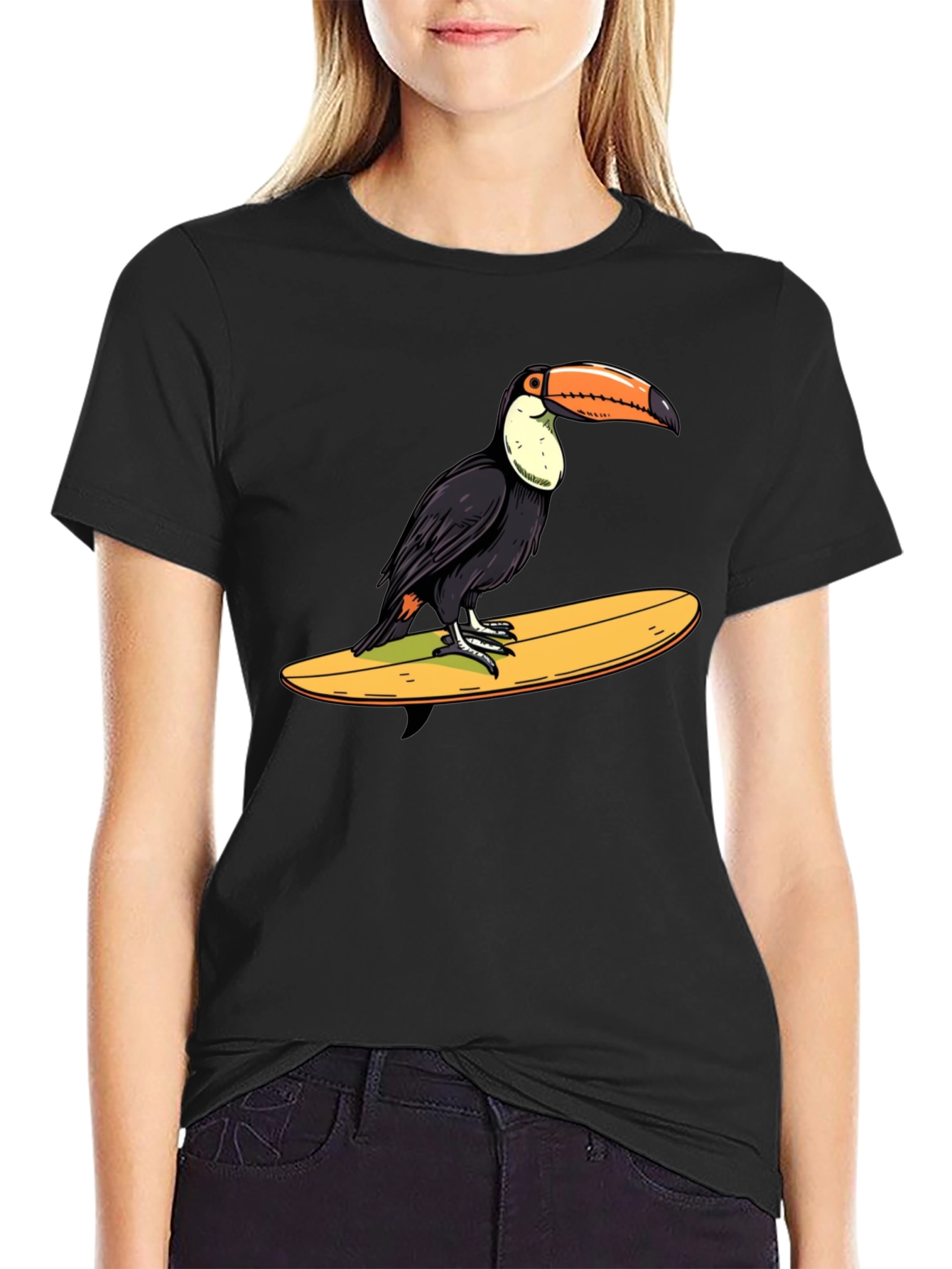 Toucan Surfing Graphic Tee - Black Cotton T-Shirt