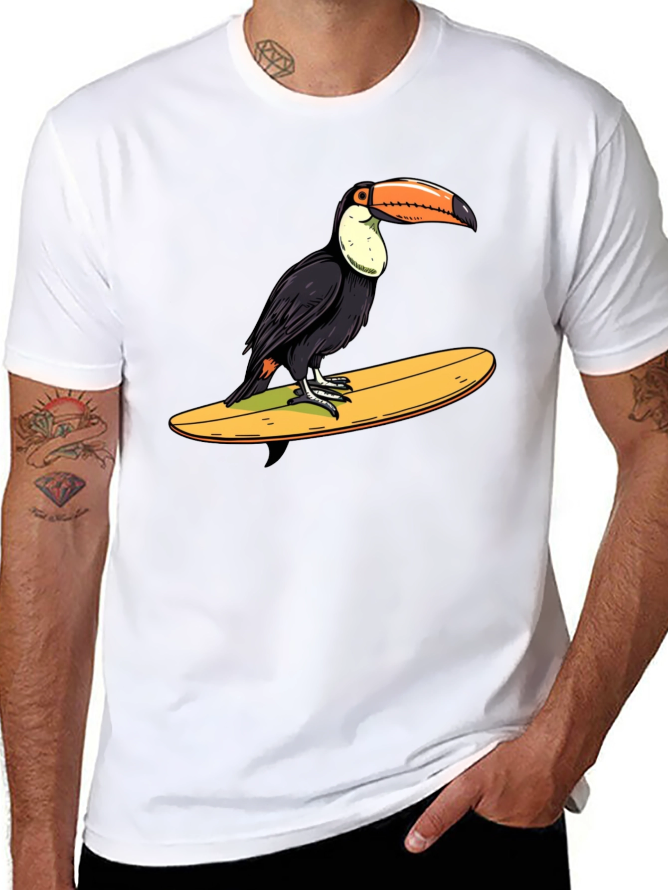 Toucan Surfing Graphic Tee - Black Cotton T-Shirt