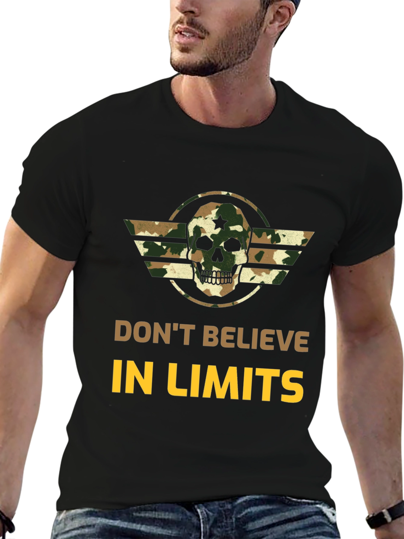 Dont Believe in Limits Camo Skull Graphic Tee