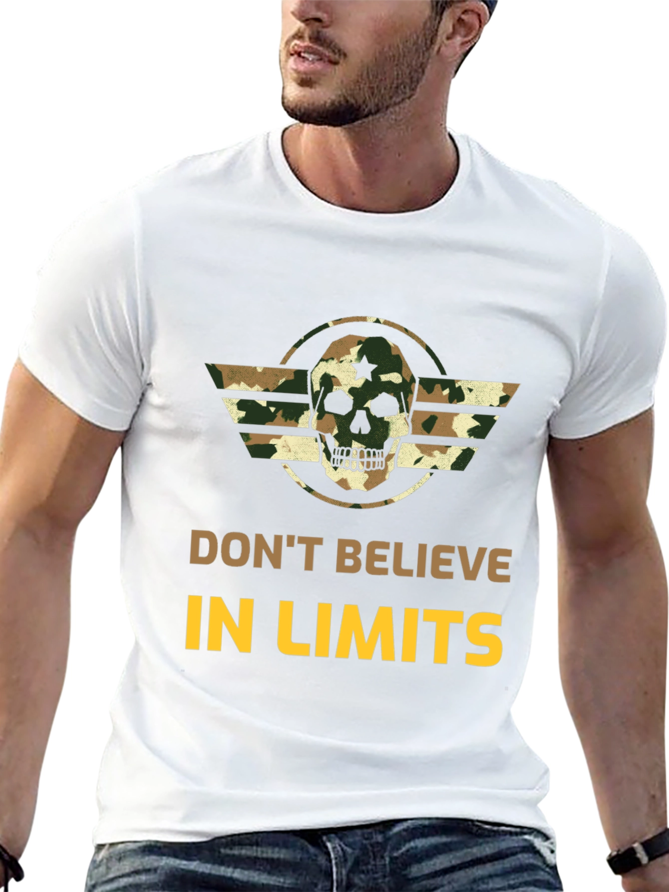 Dont Believe in Limits Camo Skull Graphic Tee