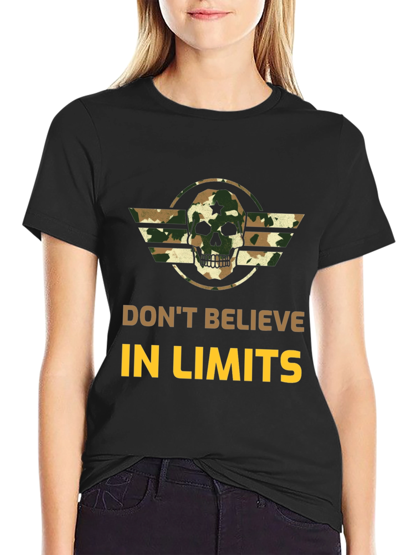Dont Believe in Limits Camo Skull Graphic Tee