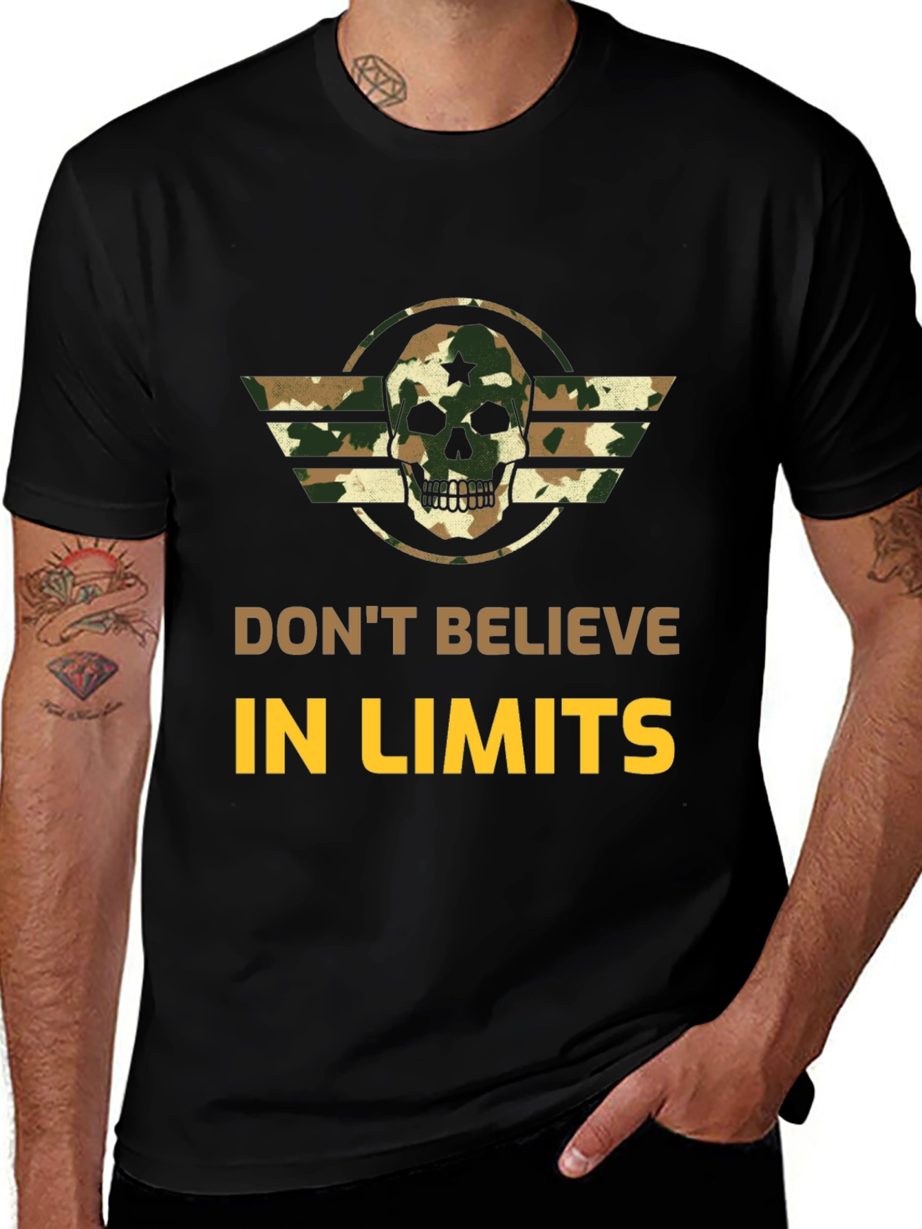 Dont Believe in Limits Camo Skull Graphic Tee