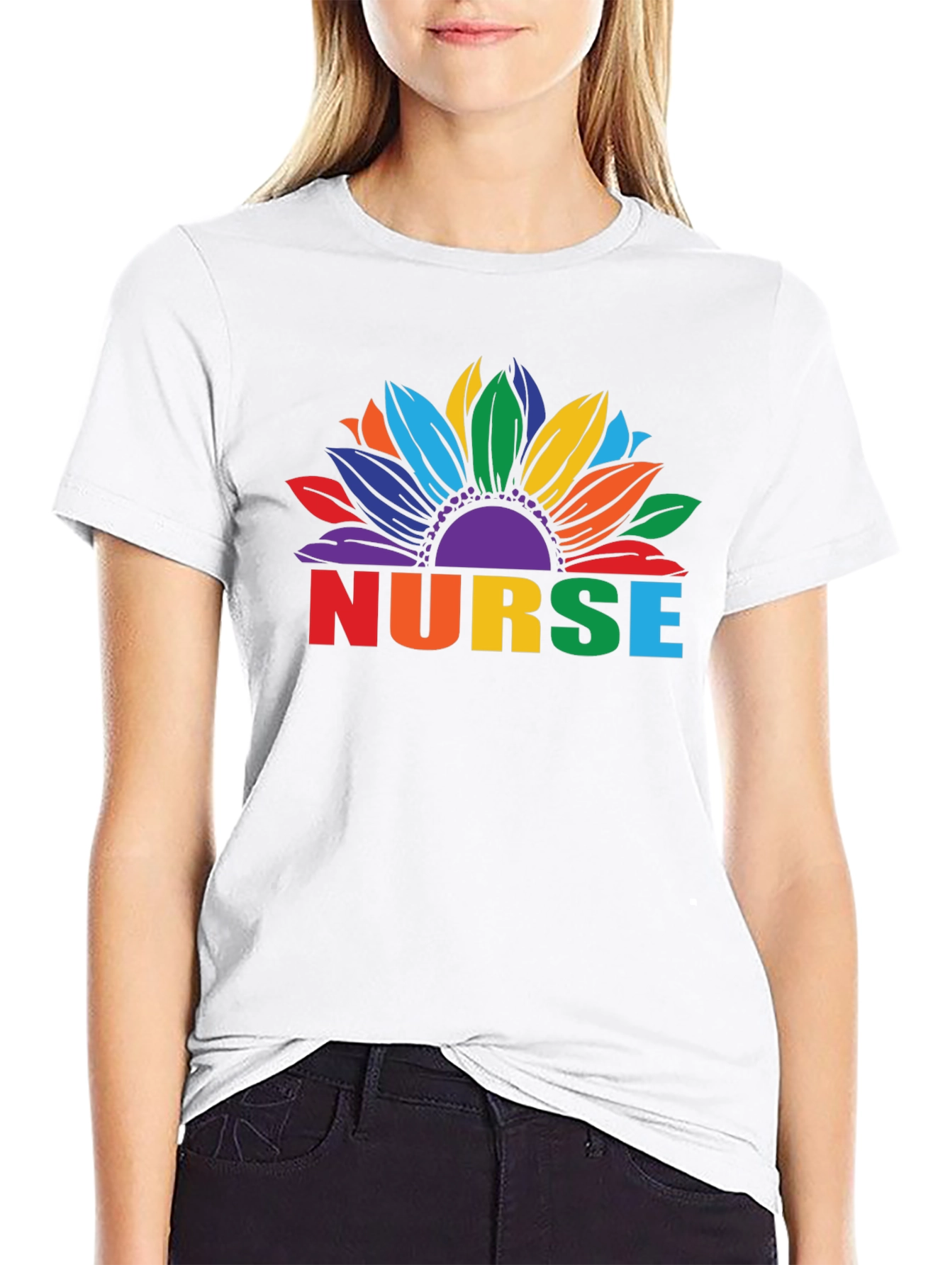Rainbow Sunflower Nurse Graphic T-Shirt