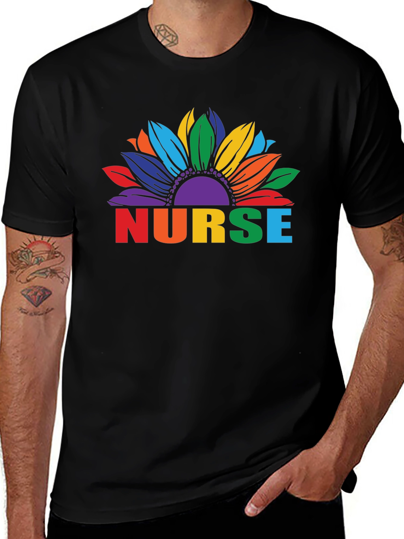 Rainbow Sunflower Nurse Graphic T-Shirt
