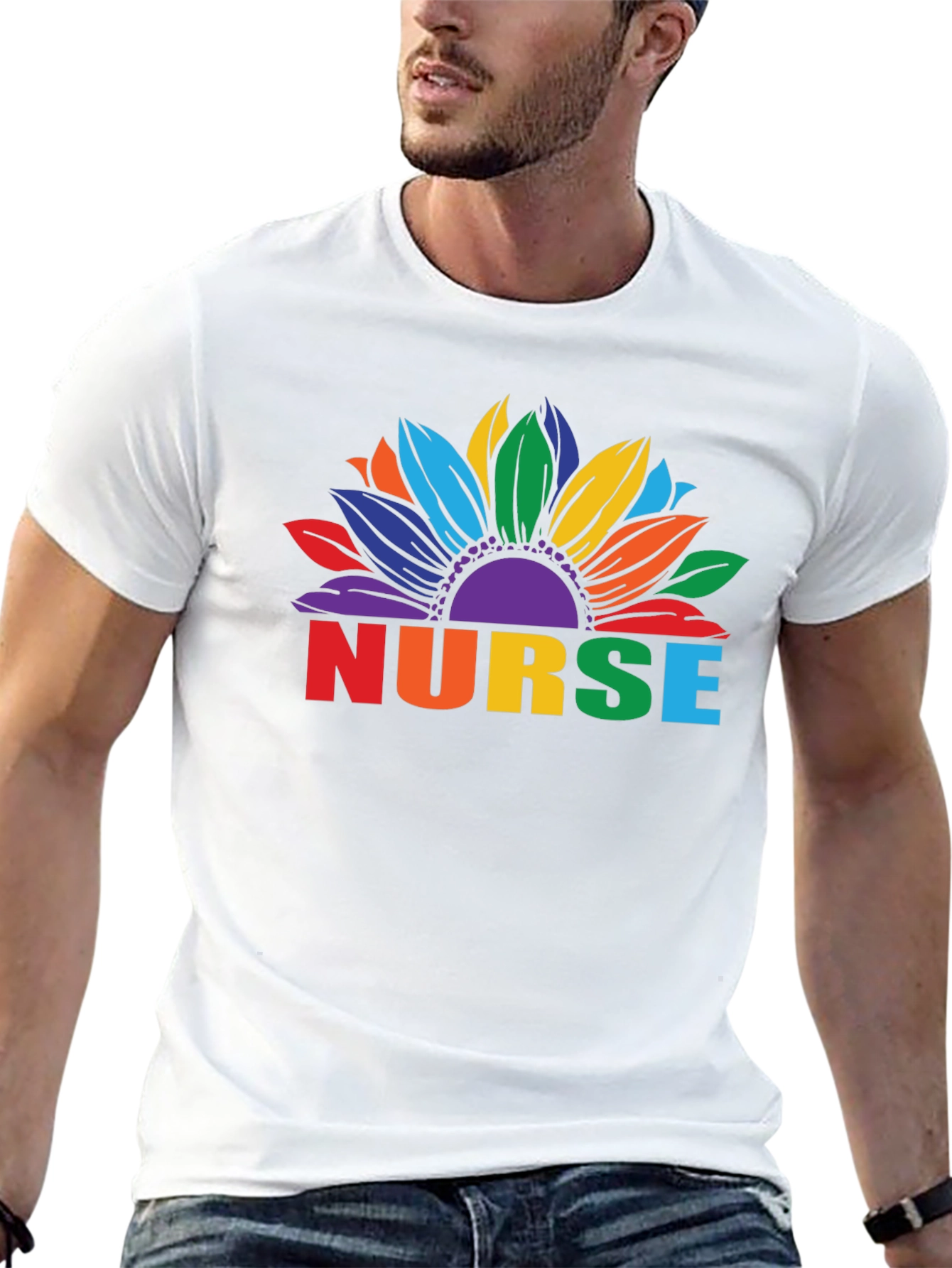Rainbow Sunflower Nurse Graphic T-Shirt