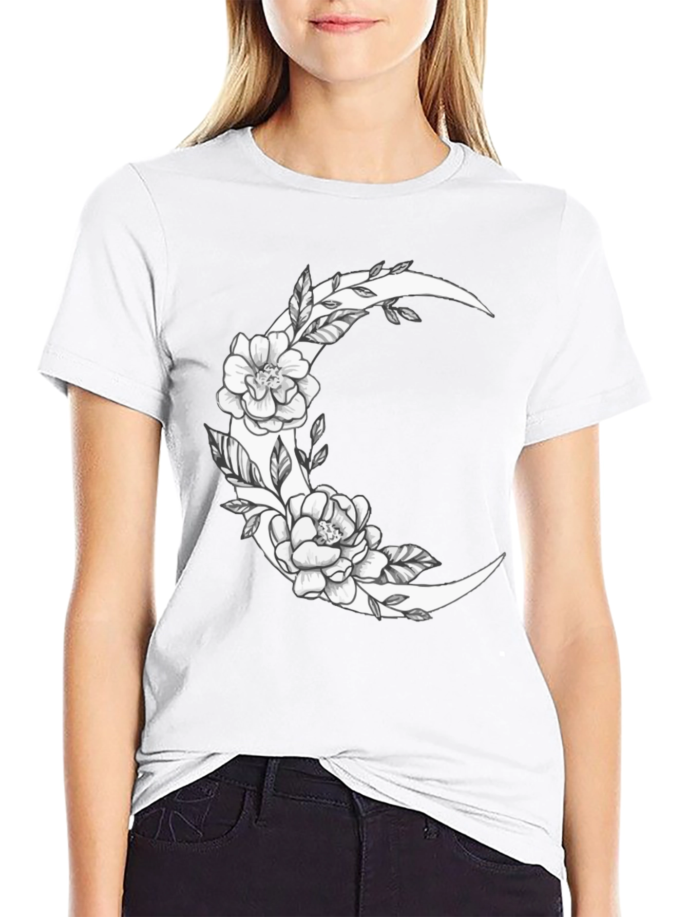 Floral Crescent Moon Graphic Tee - Black