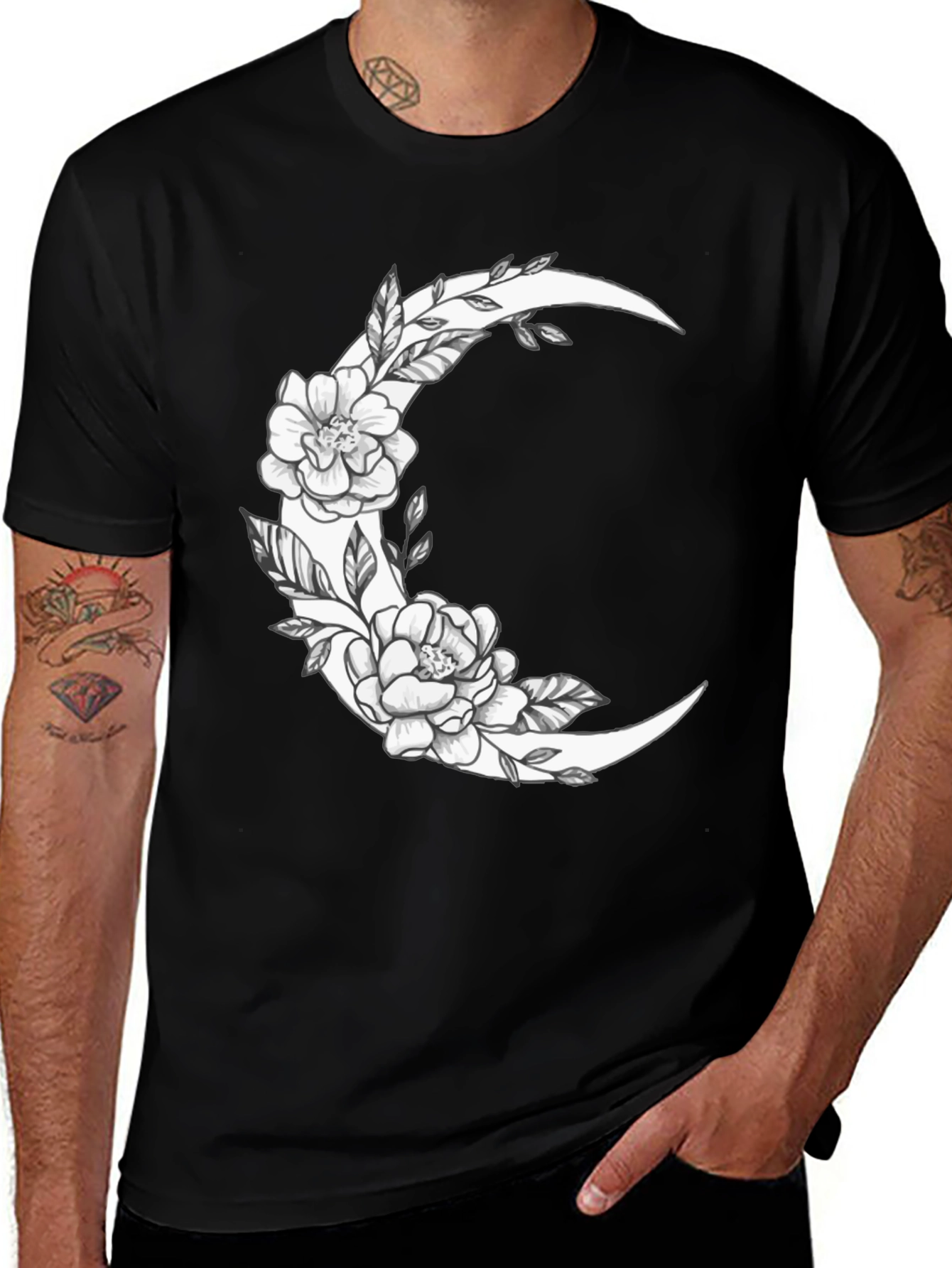 Floral Crescent Moon Graphic Tee - Black