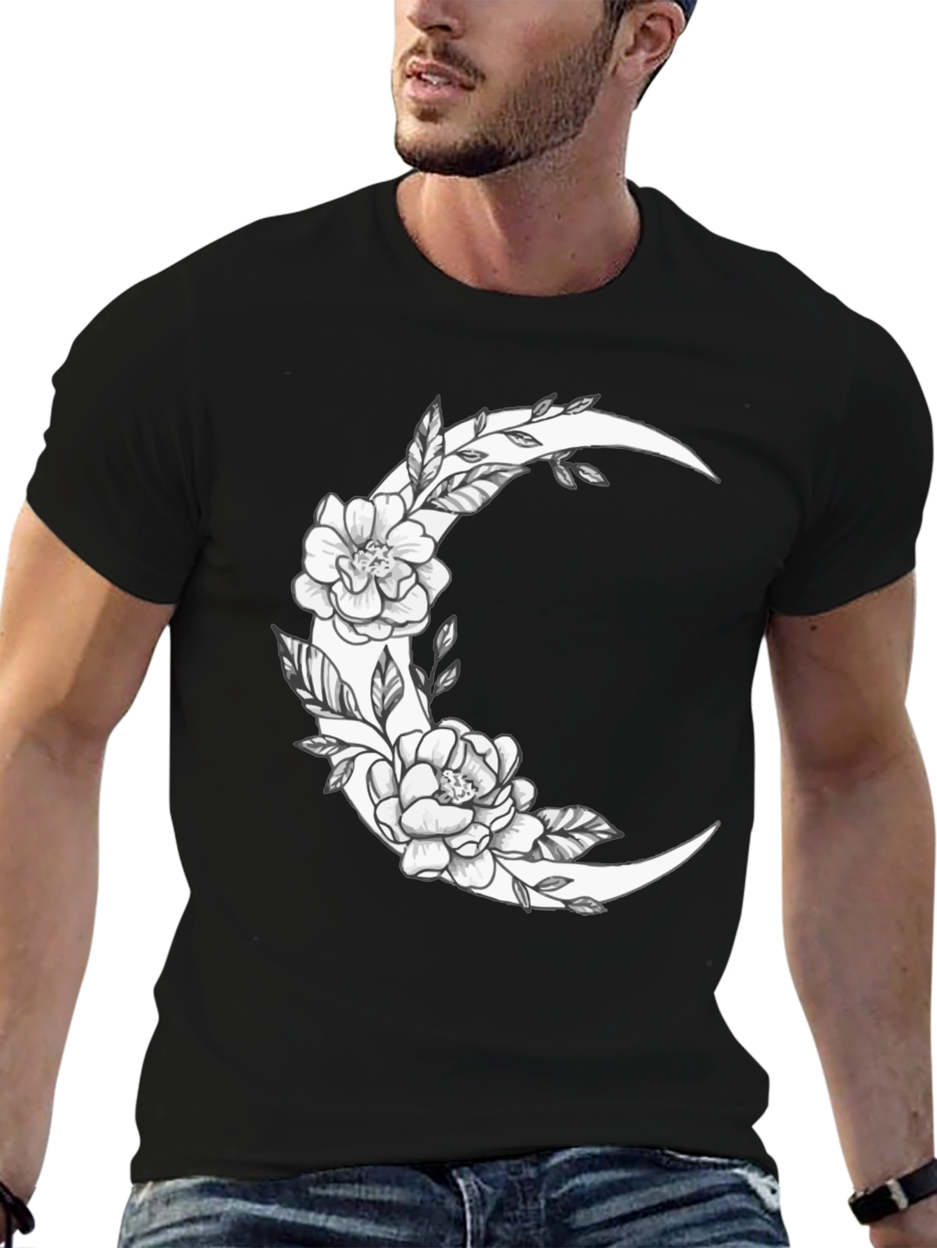 Floral Crescent Moon Graphic Tee - Black