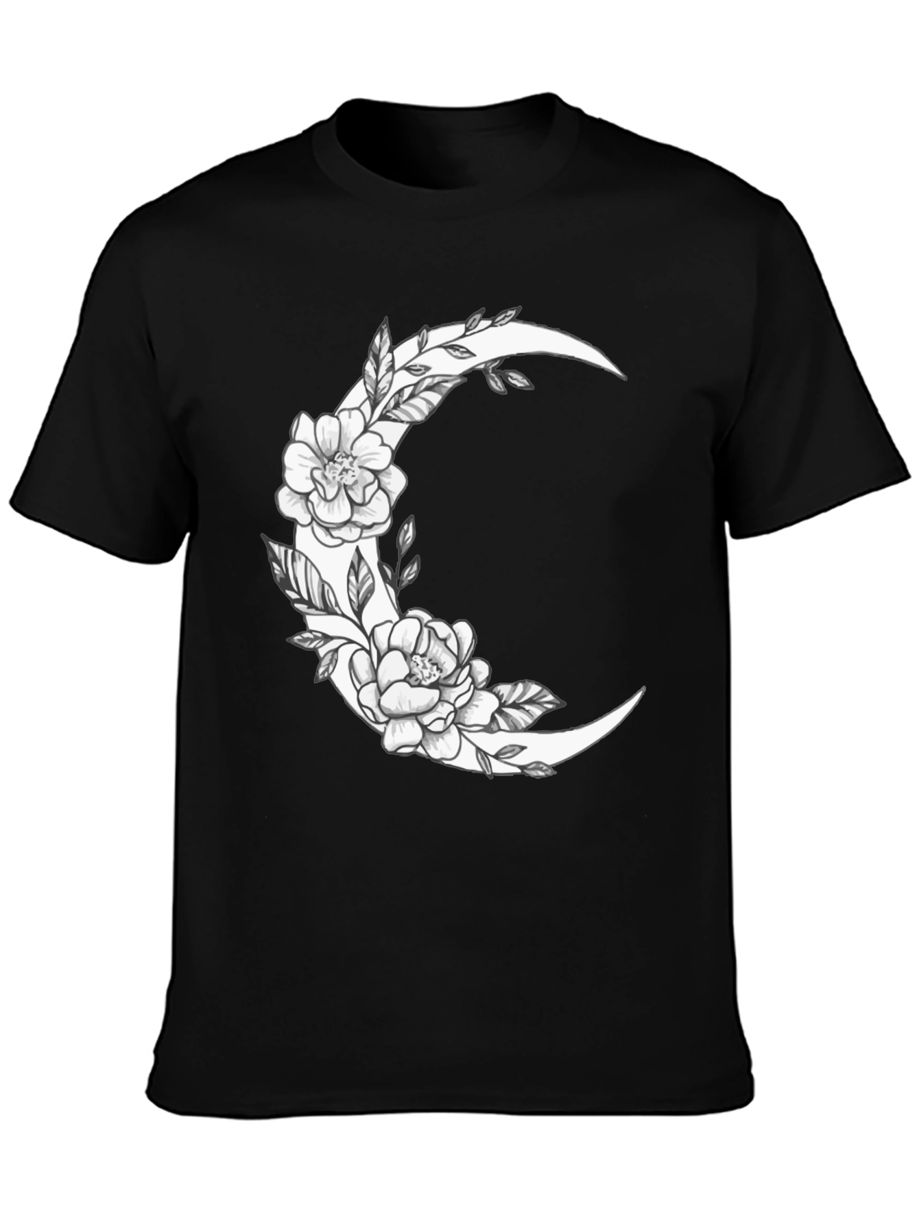 Floral Crescent Moon Graphic Tee - Black