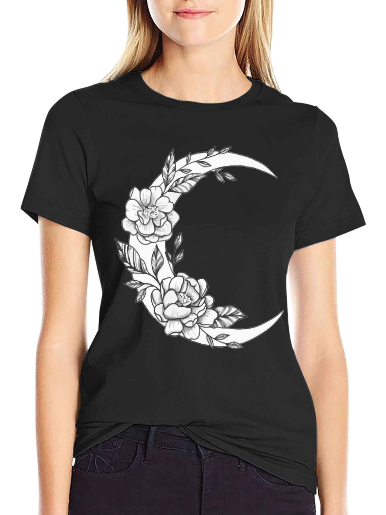 Floral Crescent Moon Graphic Tee - Black