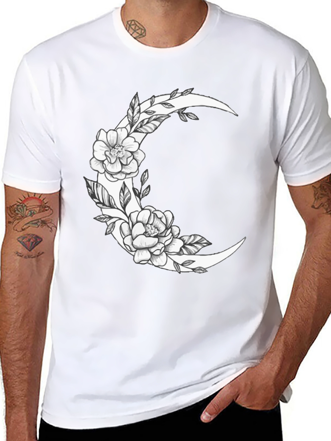 Floral Crescent Moon Graphic Tee - Black