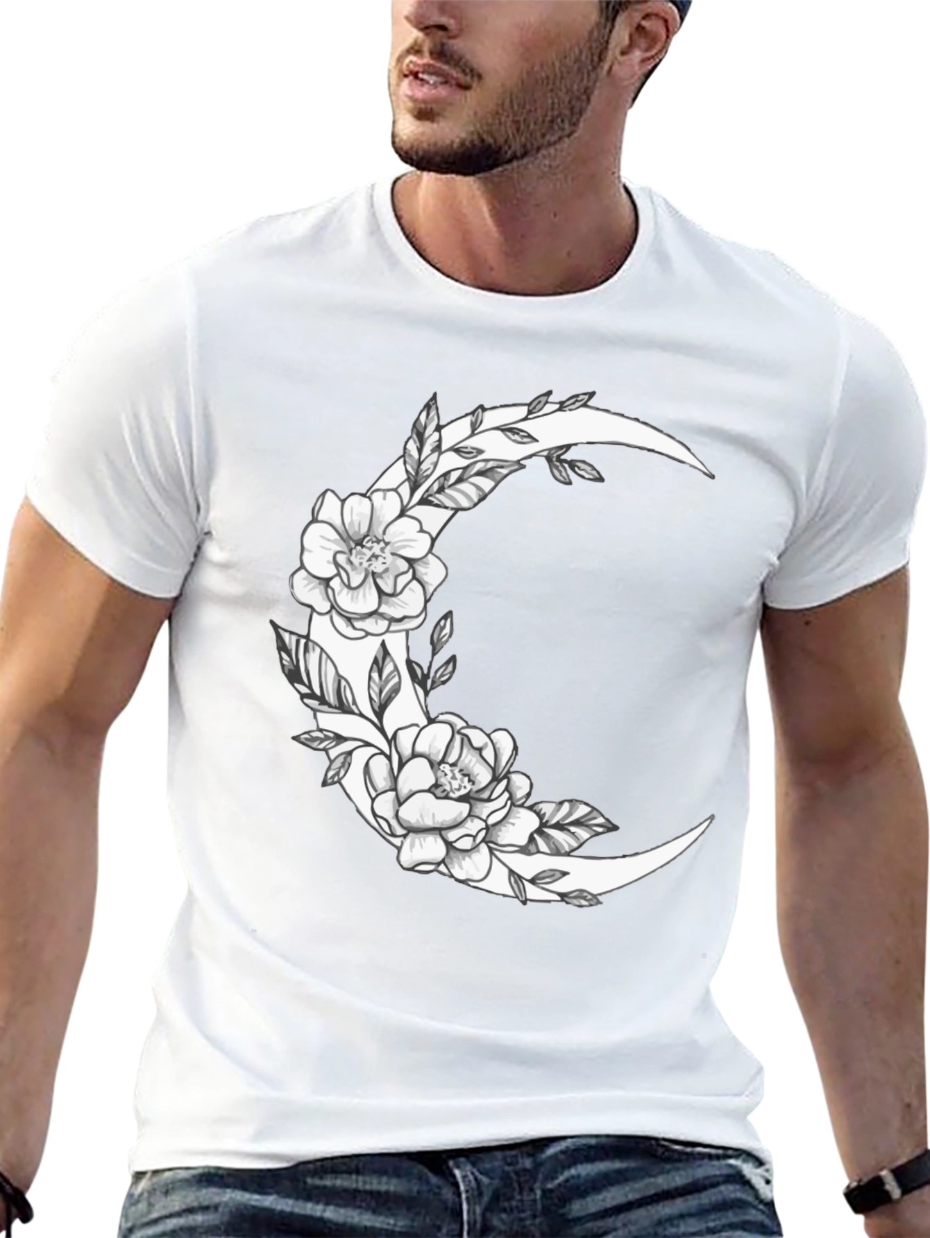 Floral Crescent Moon Graphic Tee - Black