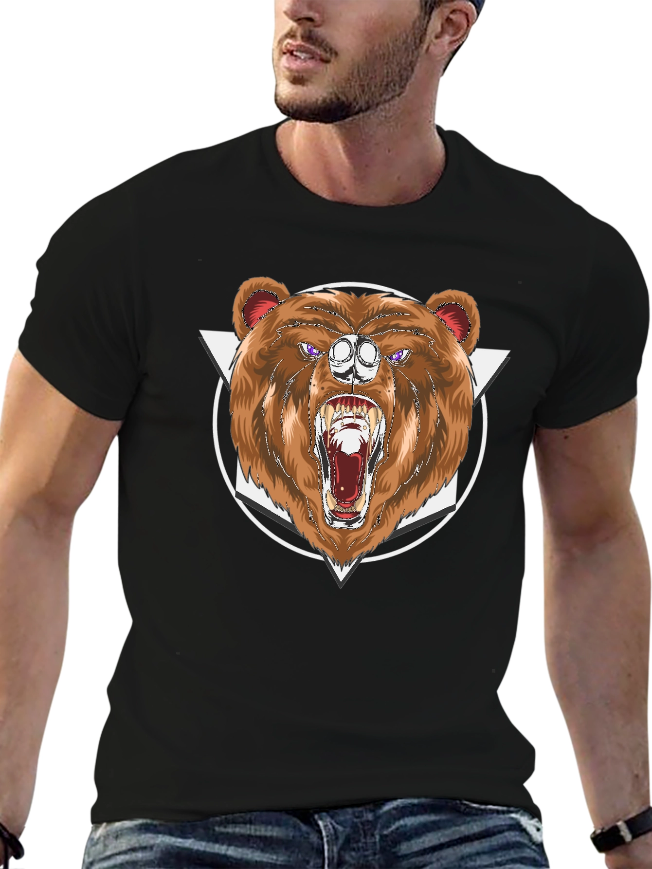 Bear Graphic Print Black T-Shirt