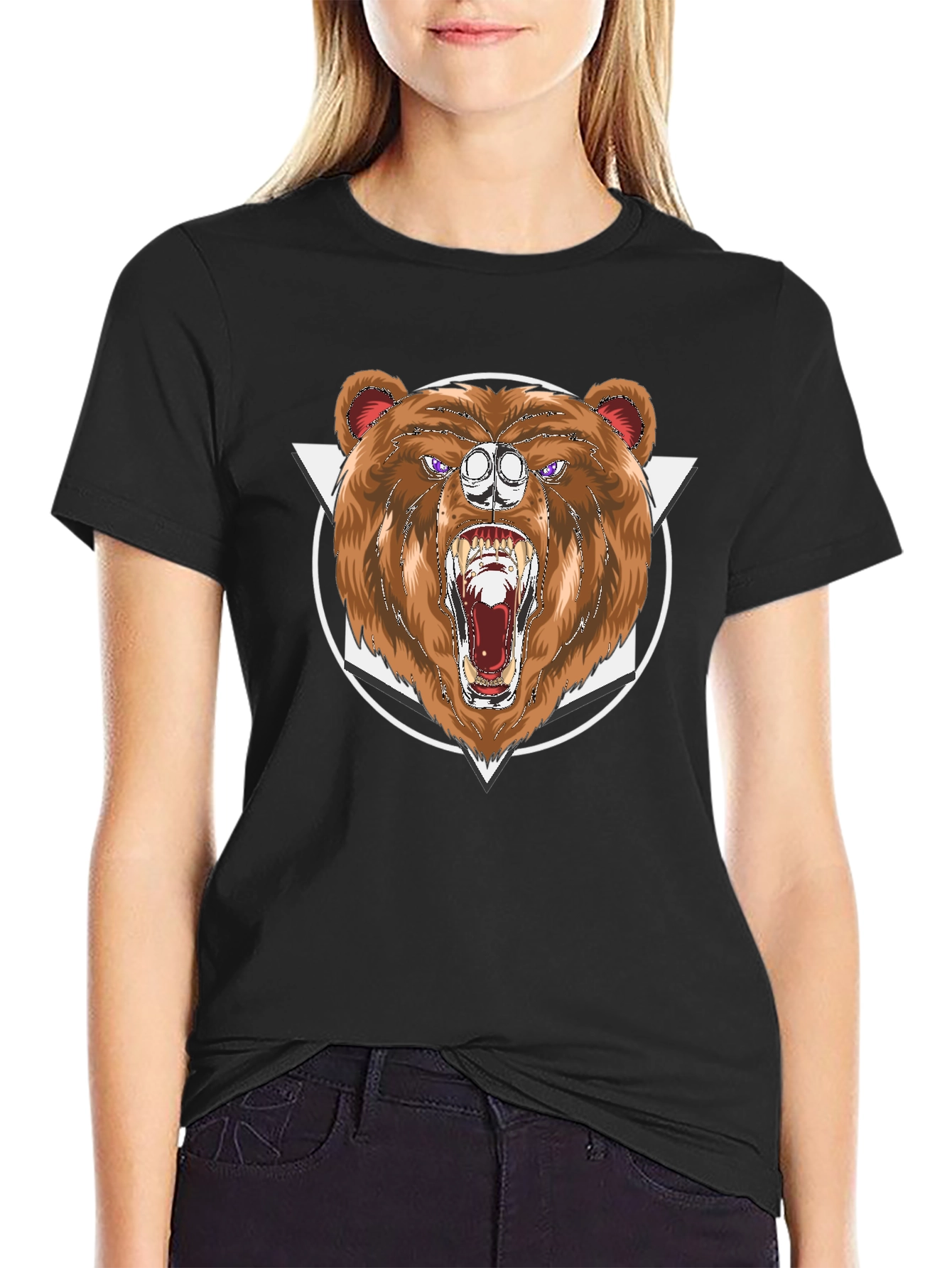 Bear Graphic Print Black T-Shirt