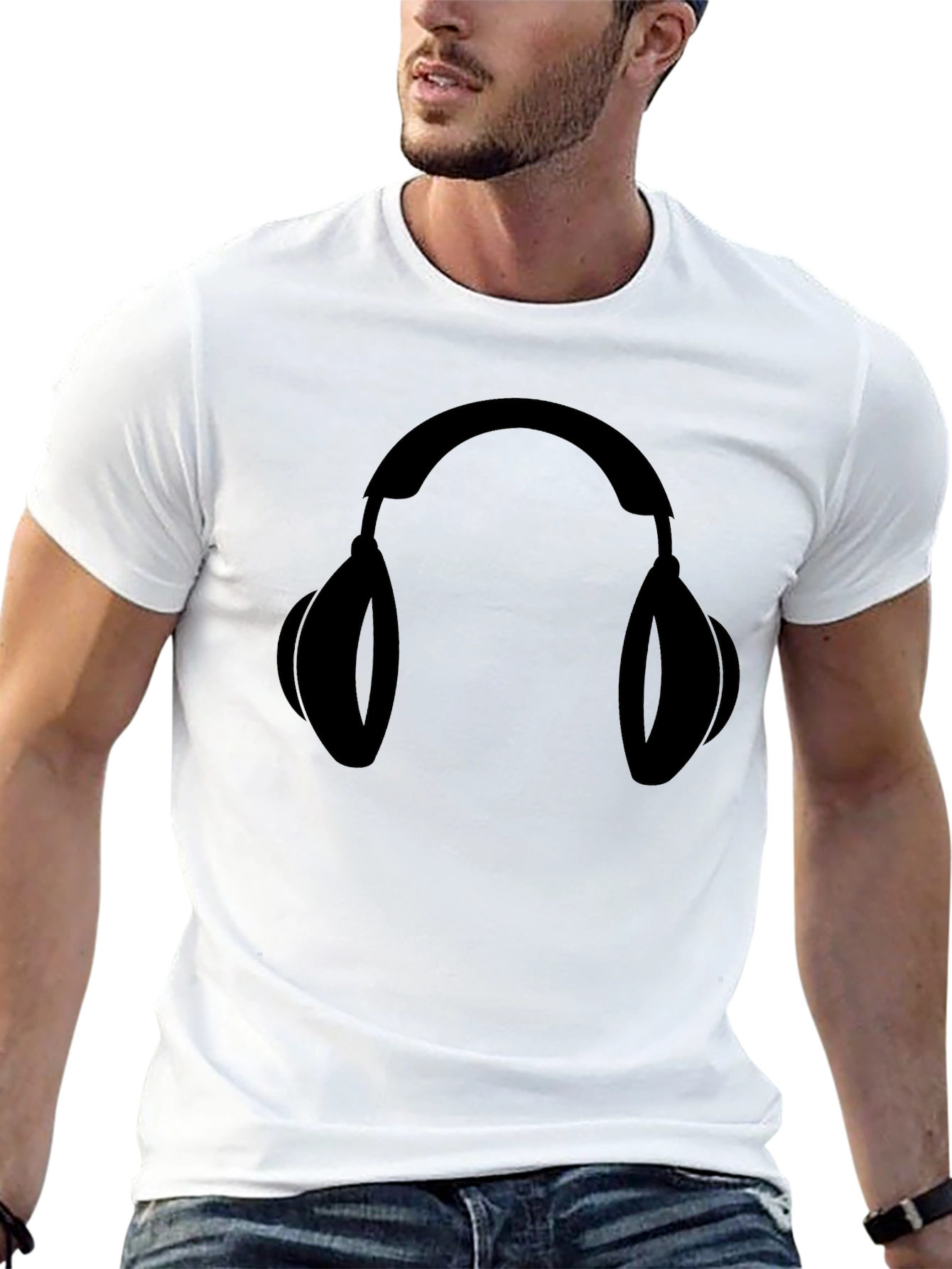Black Graphic Tee: Headphones Design