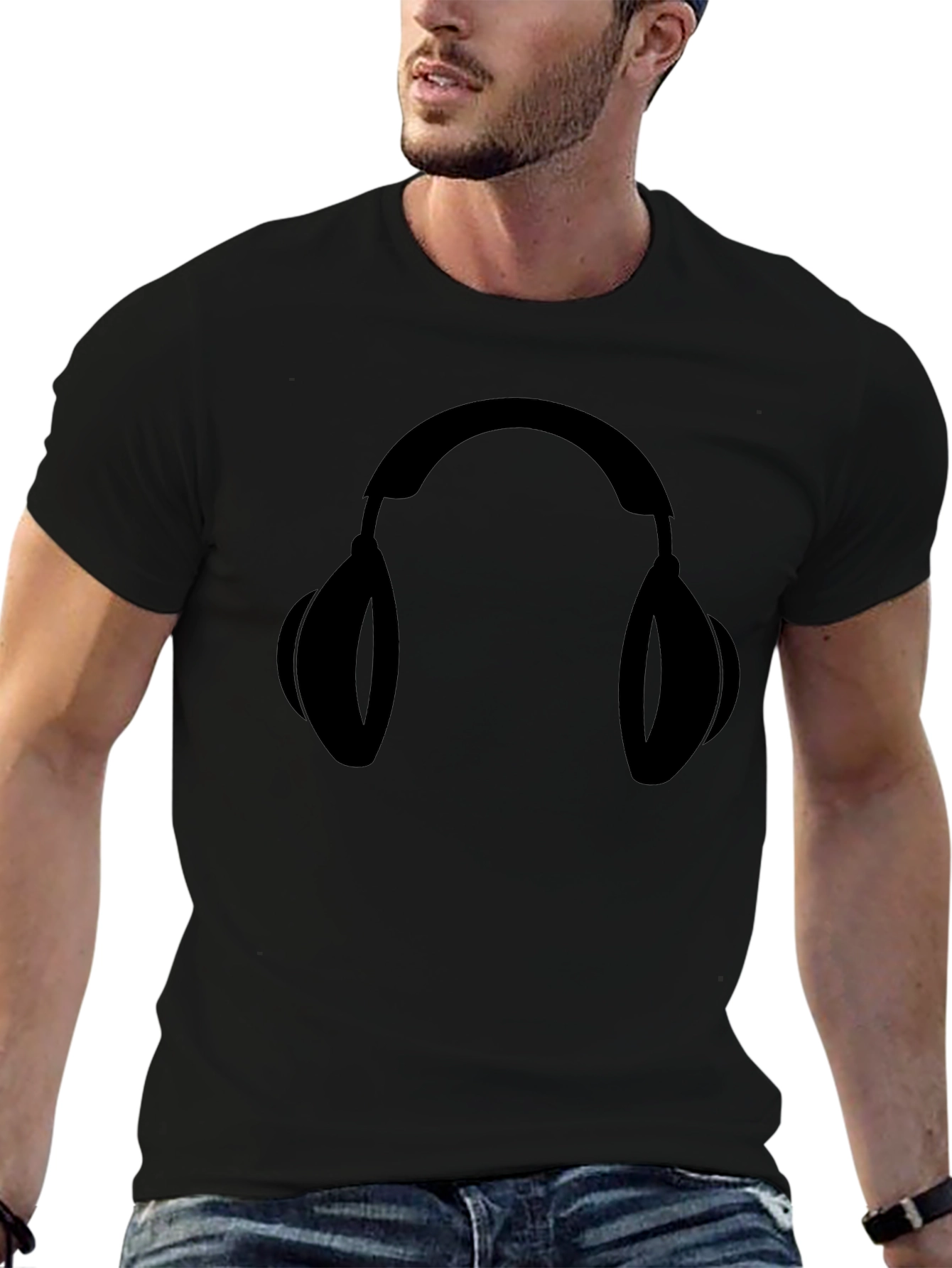 Black Graphic Tee: Headphones Design