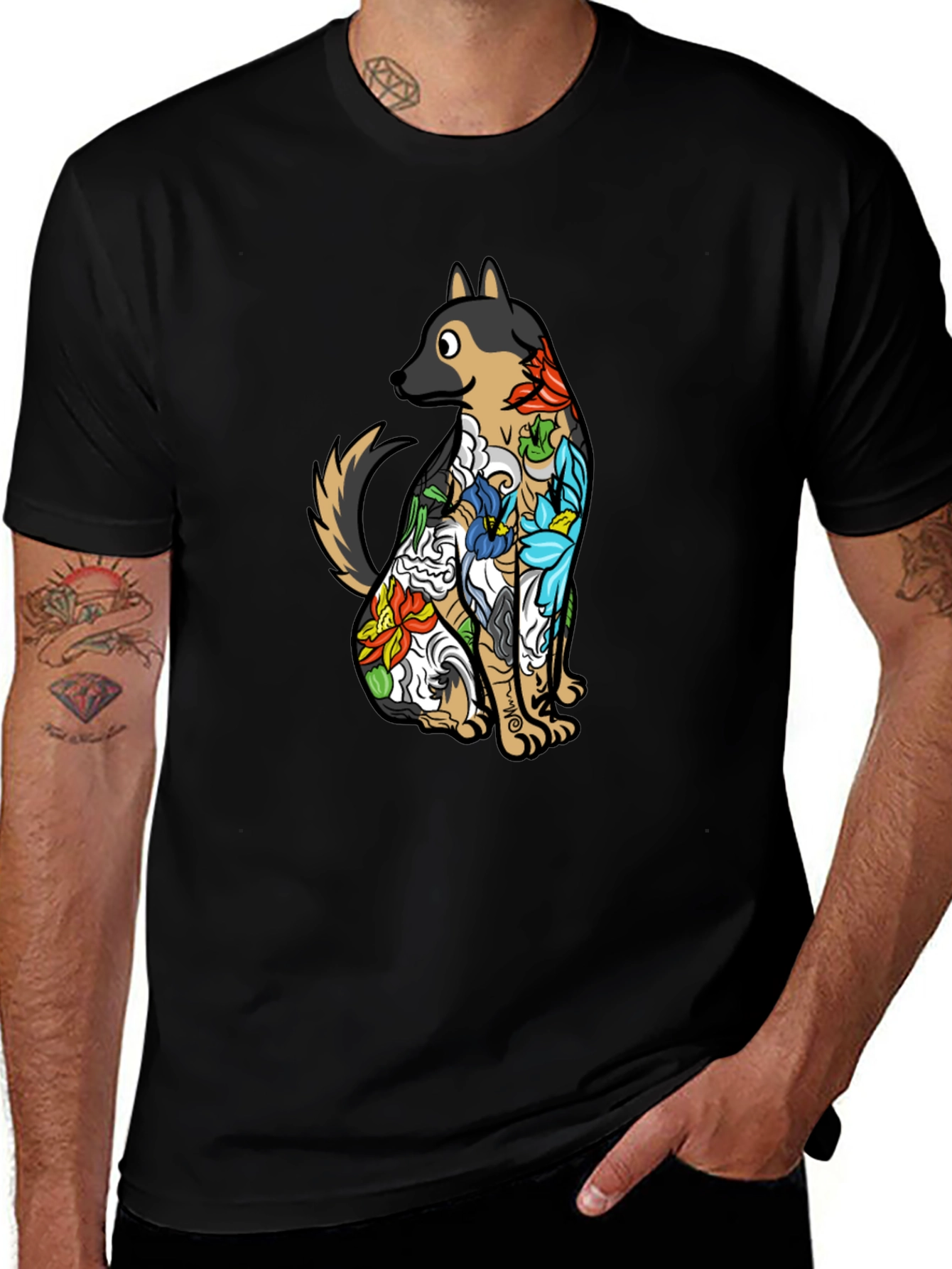 Floral Dog Print Black T-Shirt