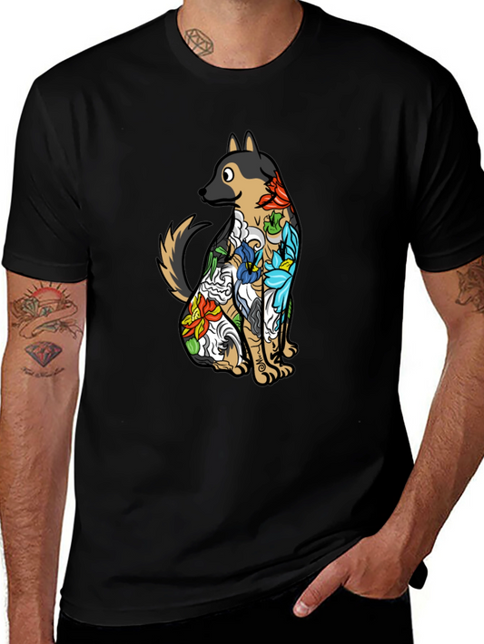 Floral Dog Print Black T-Shirt