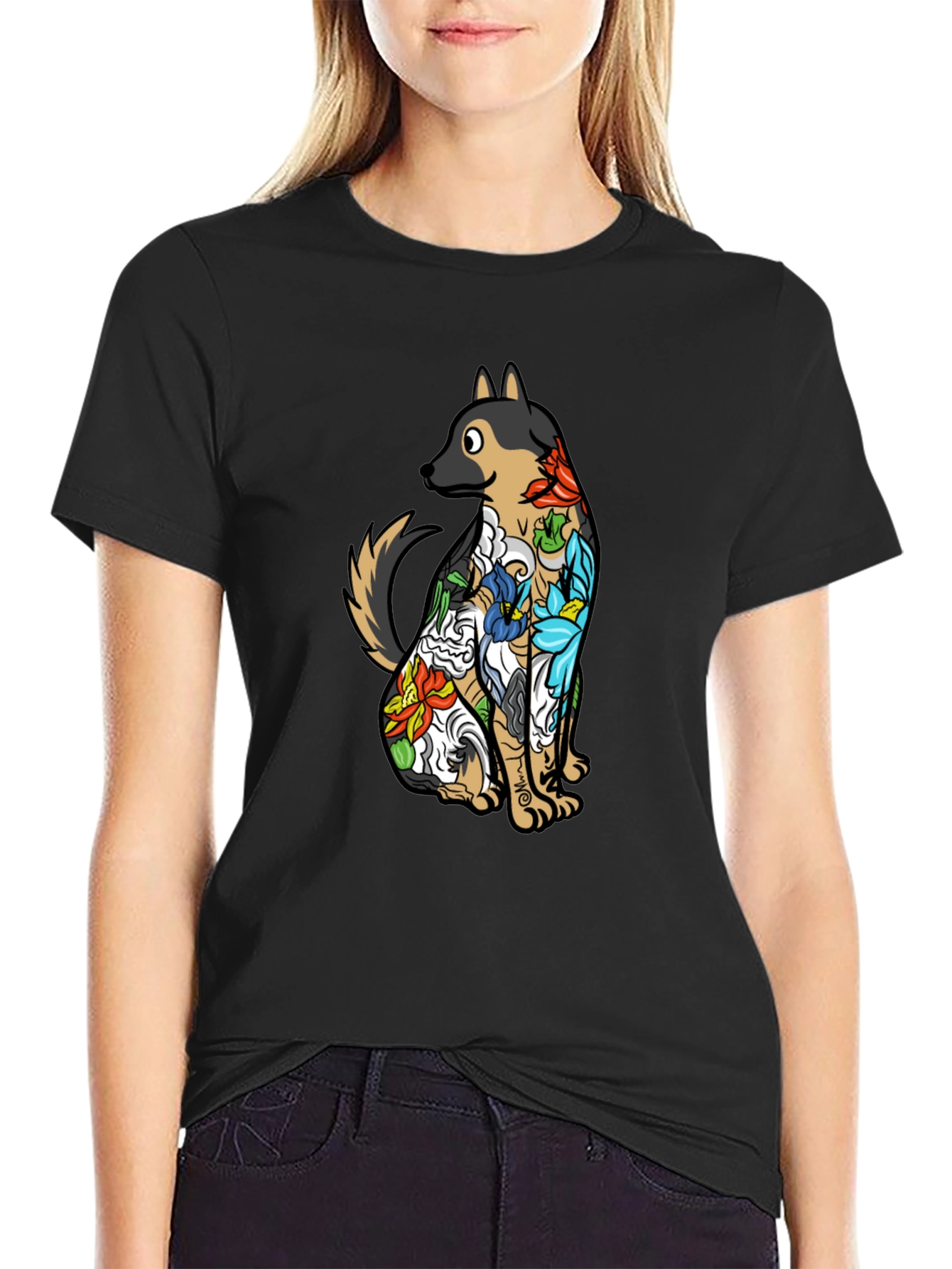 Floral Dog Print Black T-Shirt