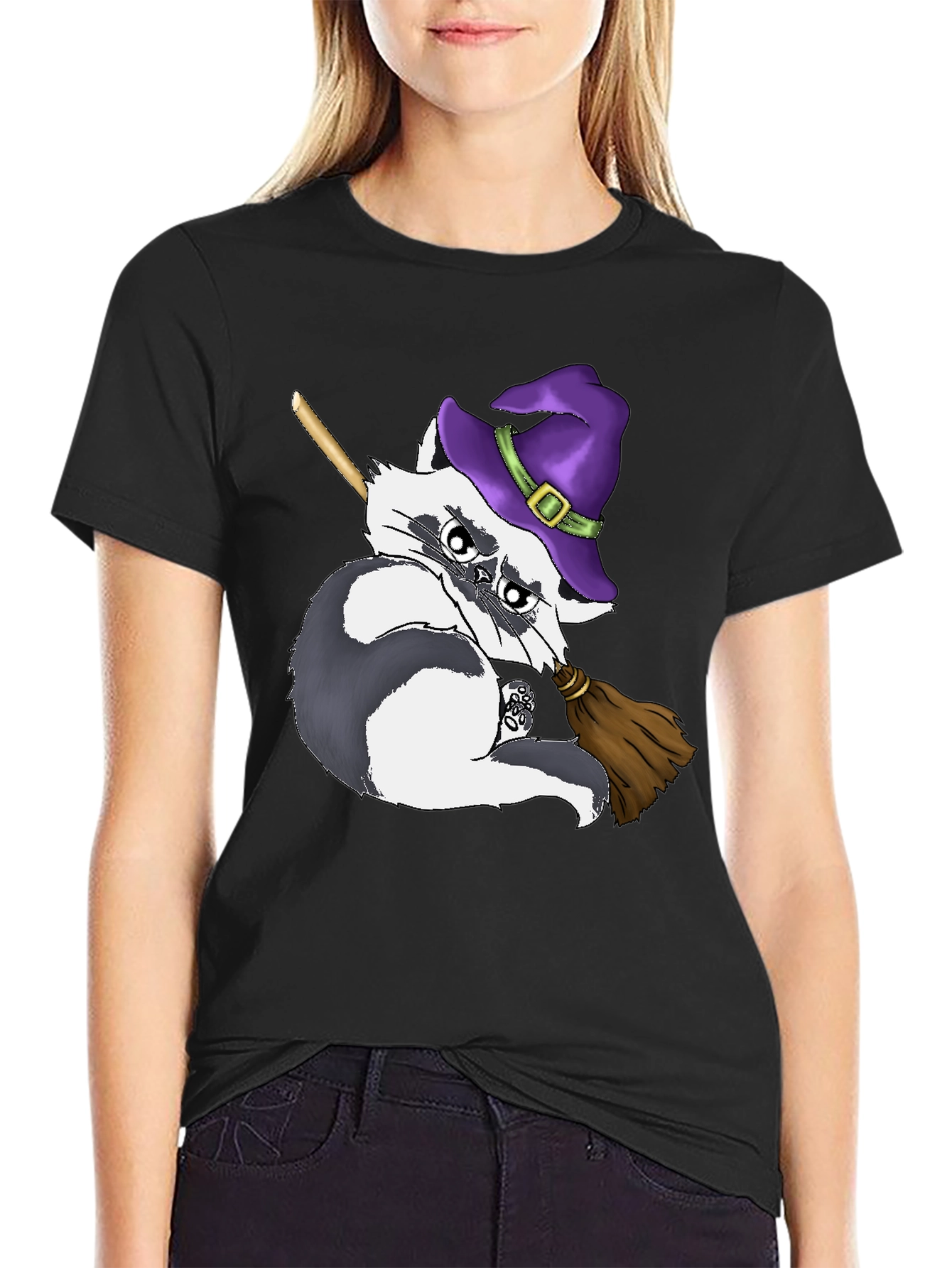 Witch Raccoon on Broomstick T-Shirt - Halloween Style