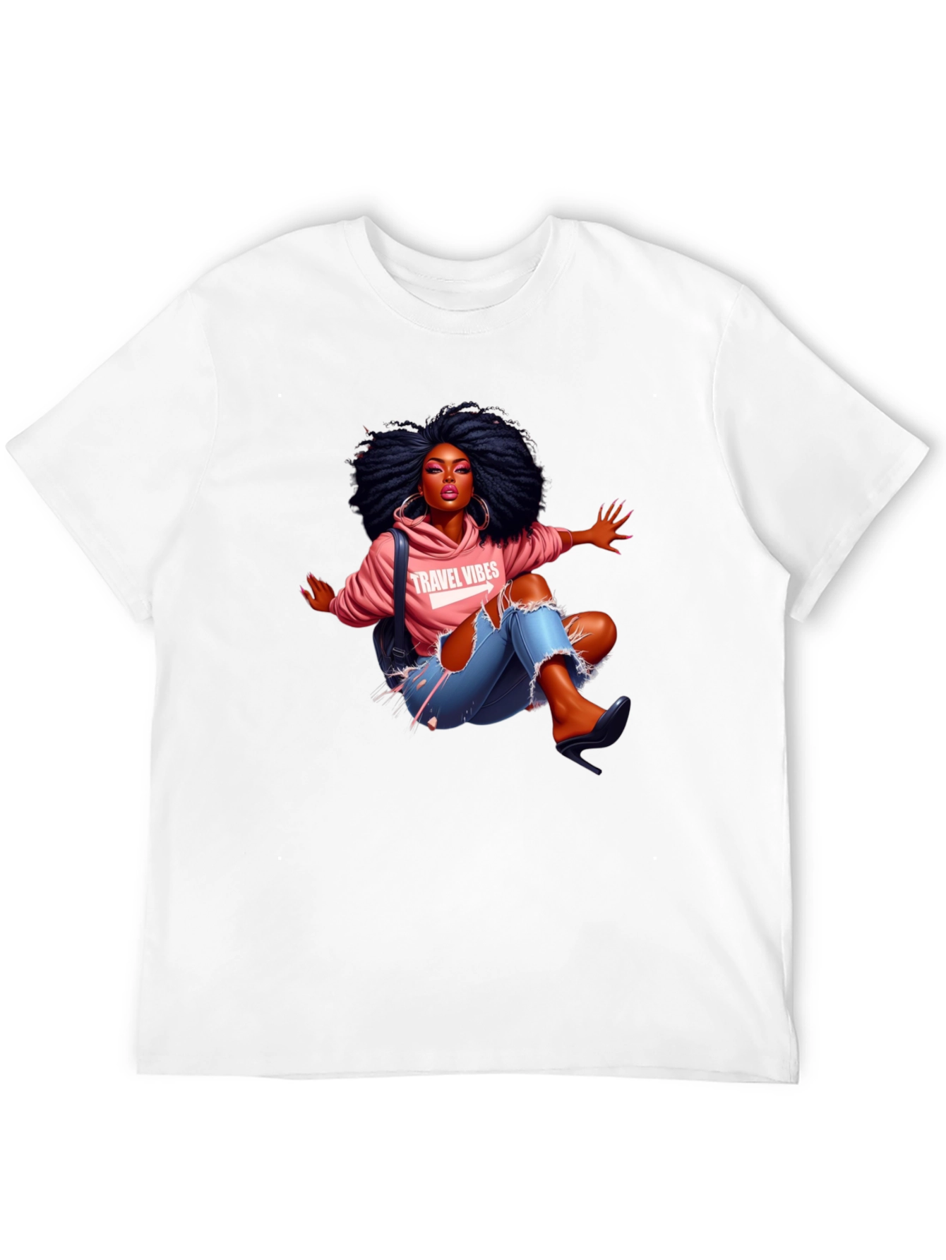 Afro Woman Travel Vibes Graphic Tee - Black