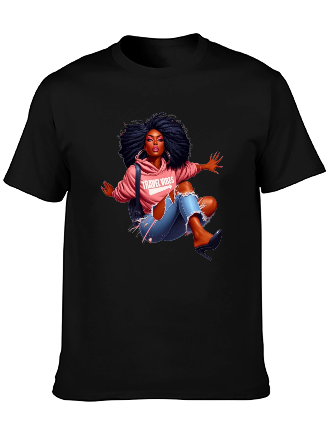 Afro Woman Travel Vibes Graphic Tee - Black