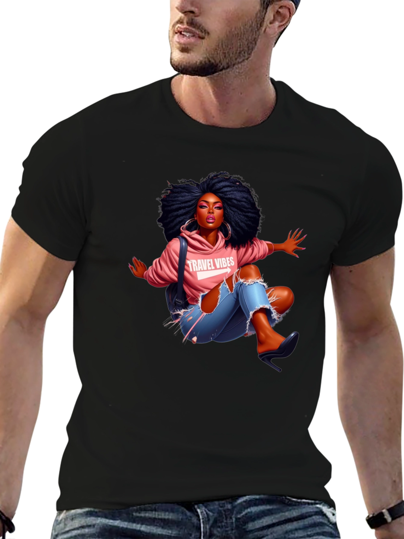 Afro Woman Travel Vibes Graphic Tee - Black
