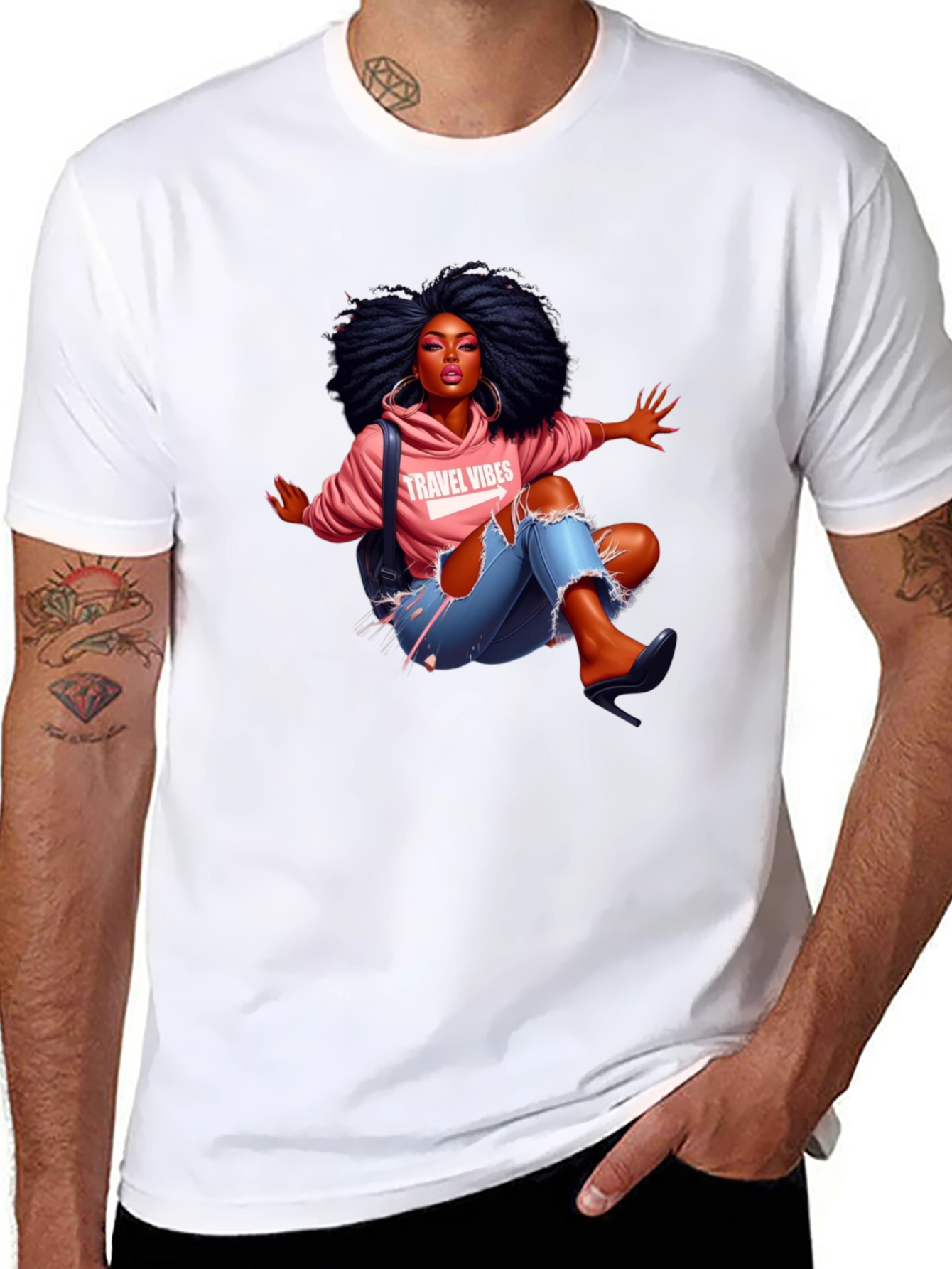 Afro Woman Travel Vibes Graphic Tee - Black