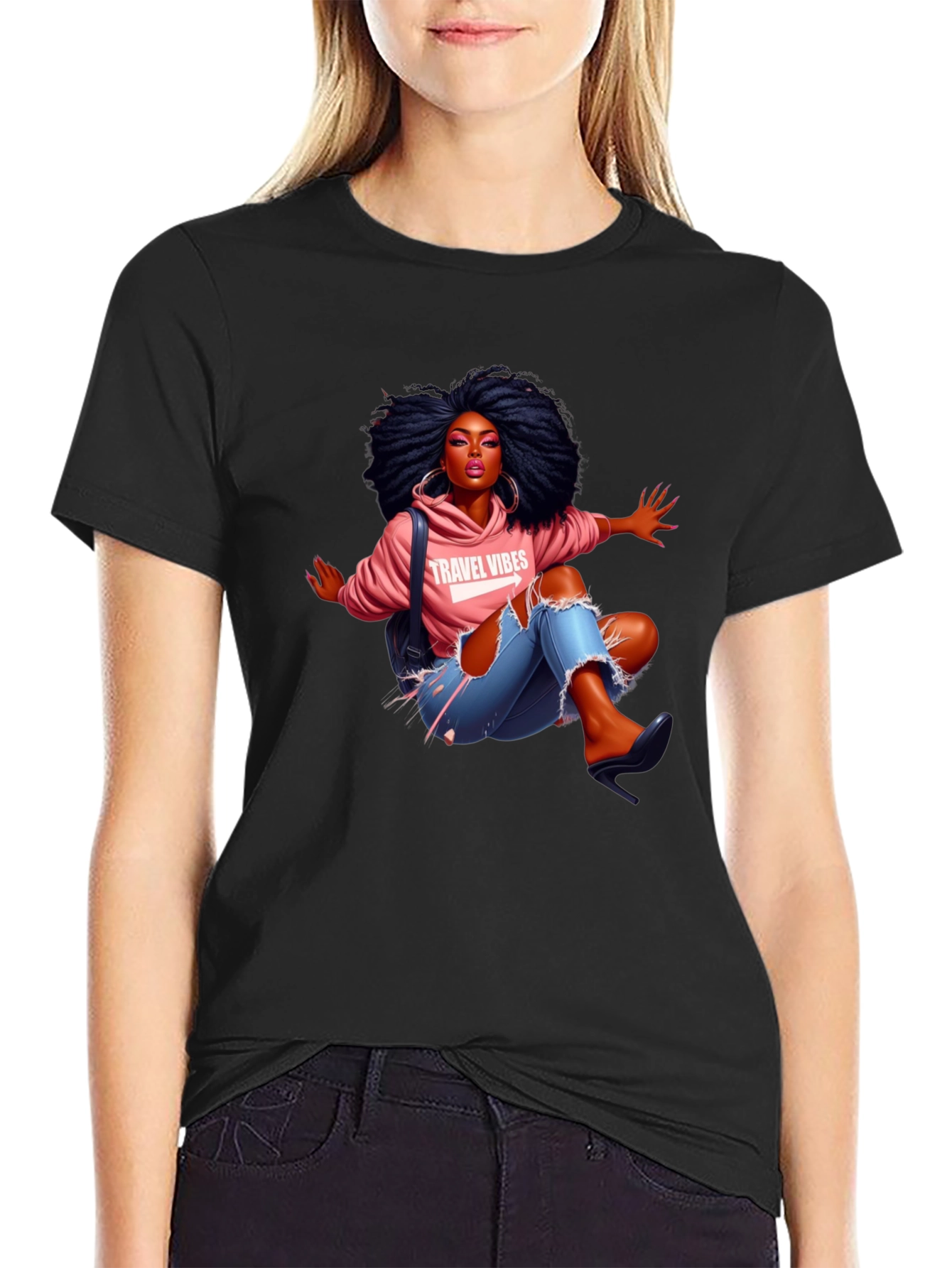 Afro Woman Travel Vibes Graphic Tee - Black