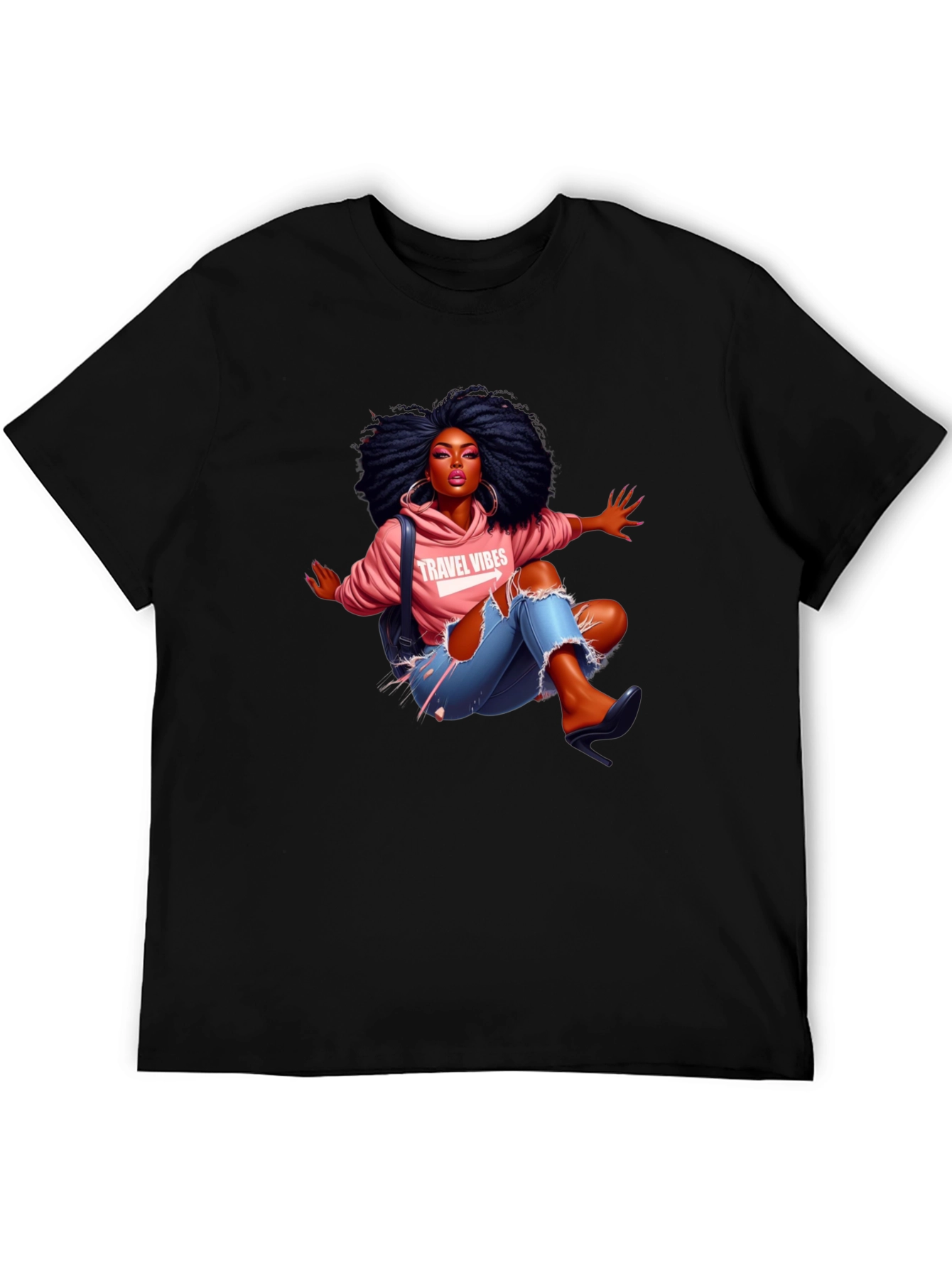 Afro Woman Travel Vibes Graphic Tee - Black