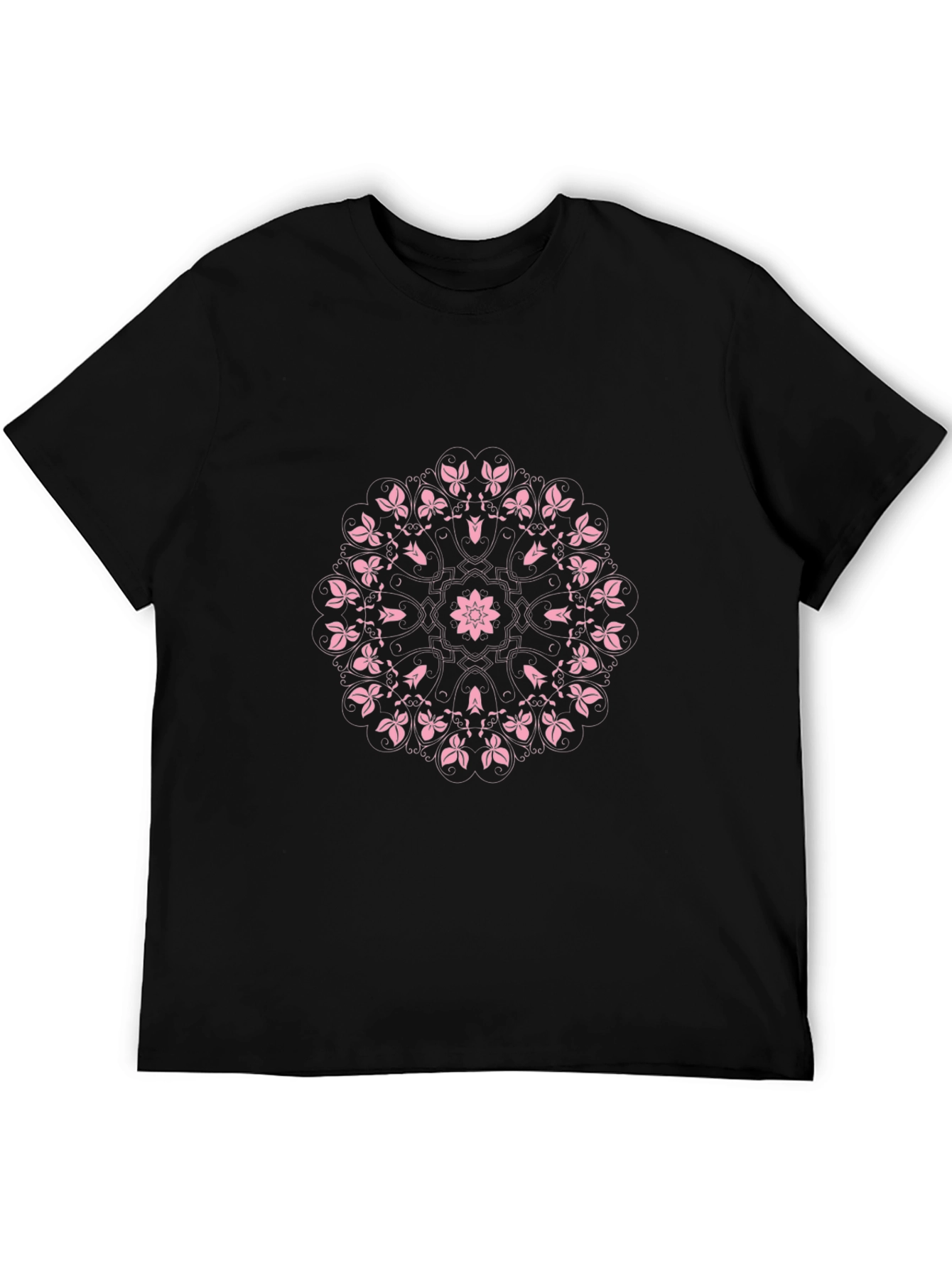 Black T-Shirt with Pink Floral Mandala Design