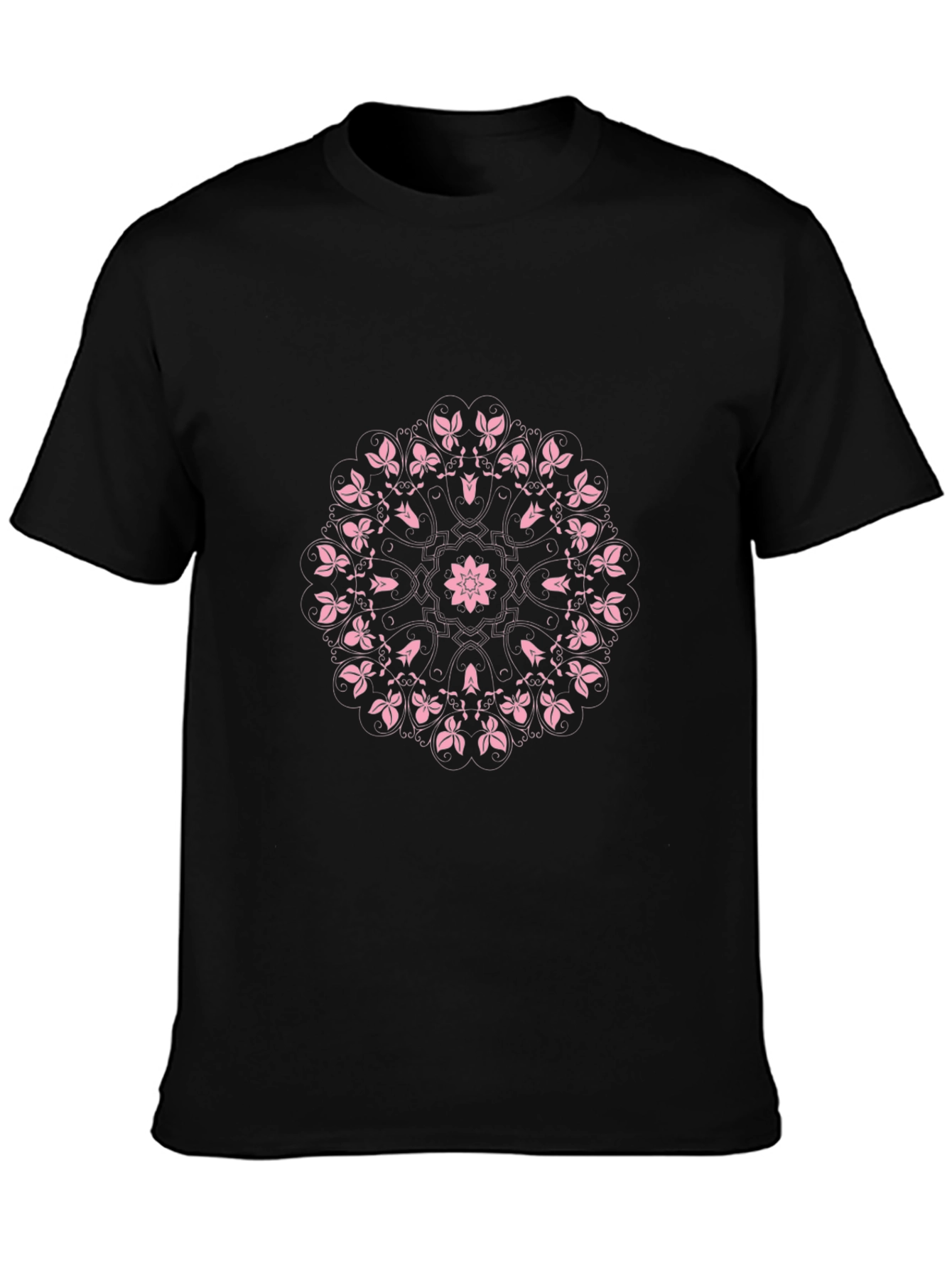Black T-Shirt with Pink Floral Mandala Design