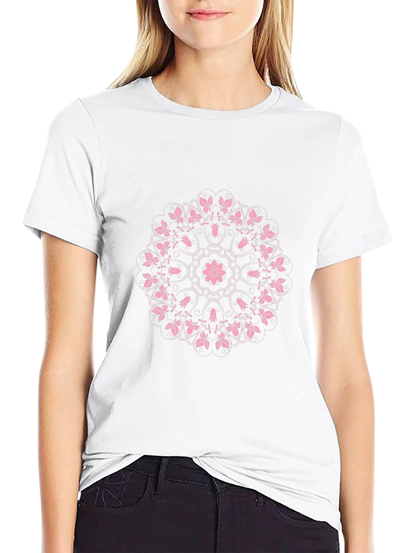 Black T-Shirt with Pink Floral Mandala Design