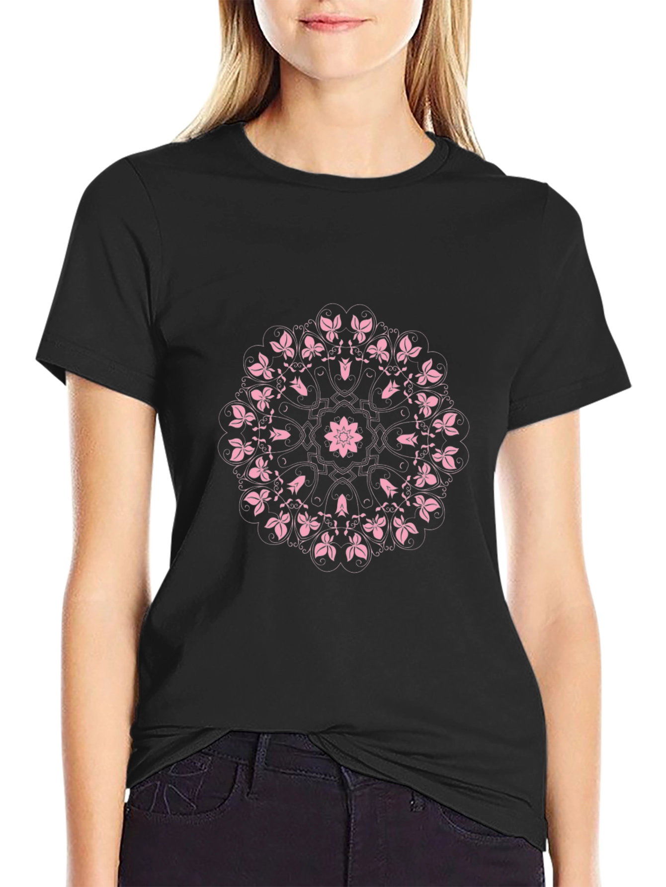 Black T-Shirt with Pink Floral Mandala Design