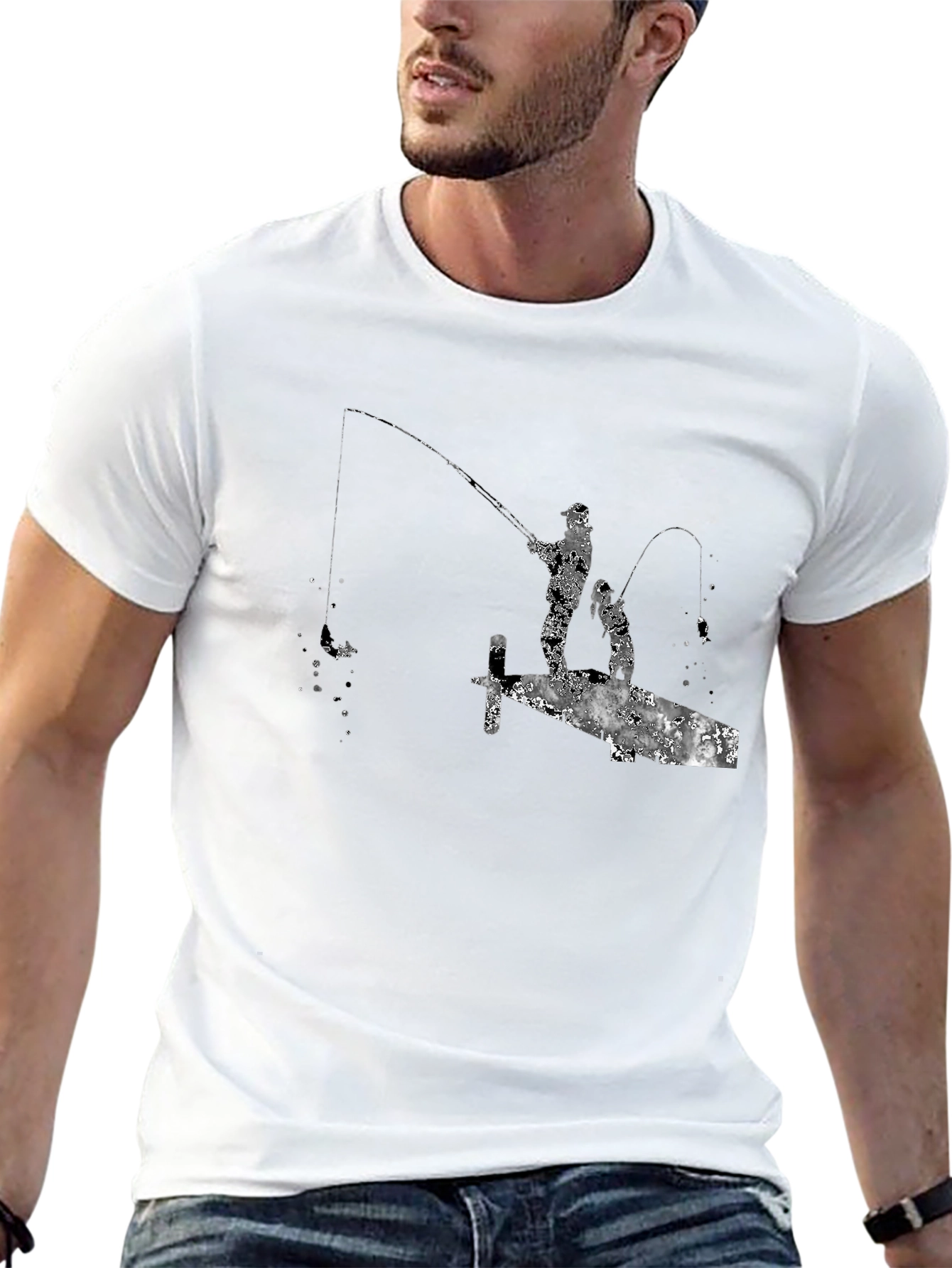 Fishing Silhouette Graphic T-Shirt - Black