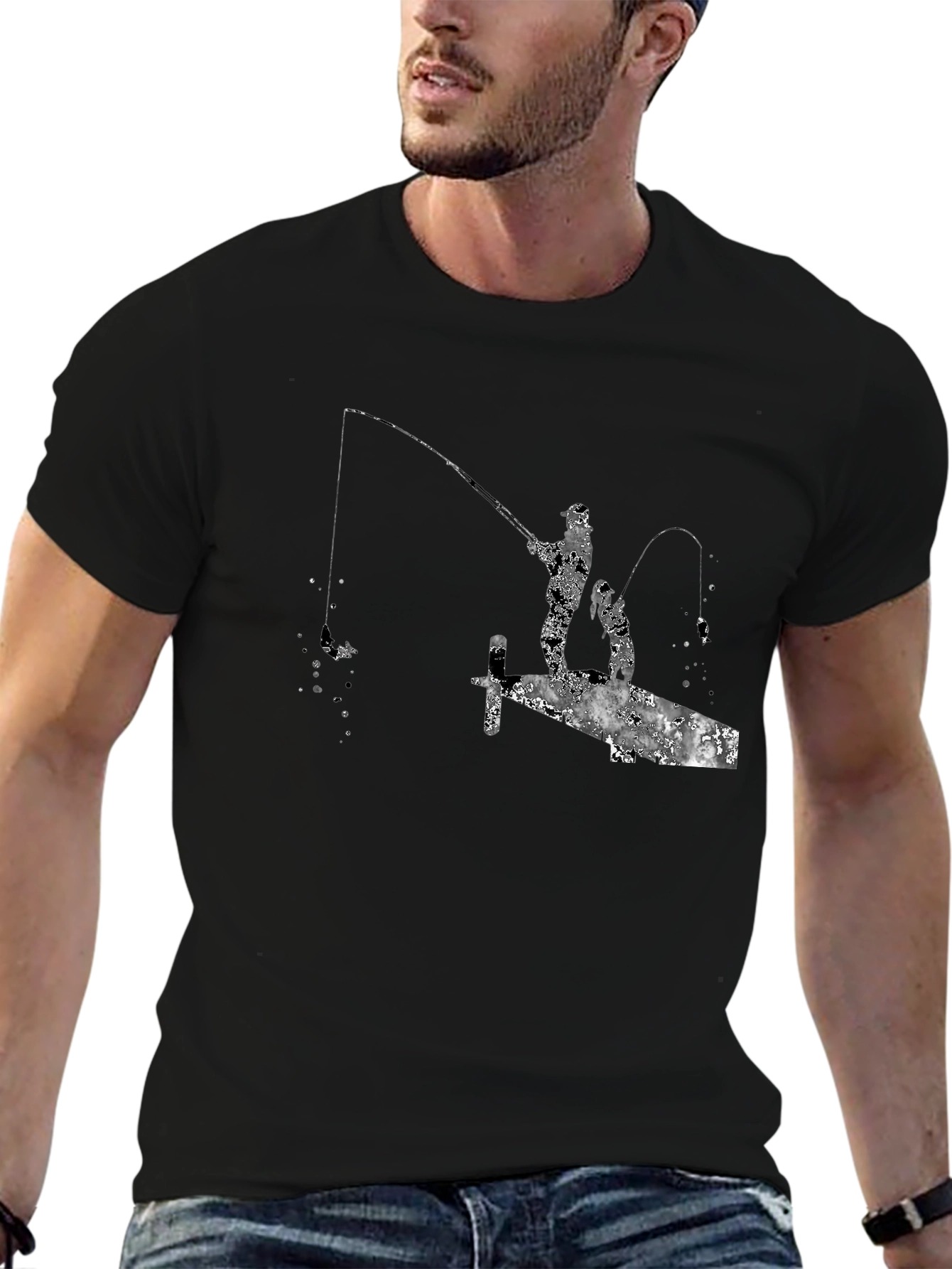 Fishing Silhouette Graphic T-Shirt - Black