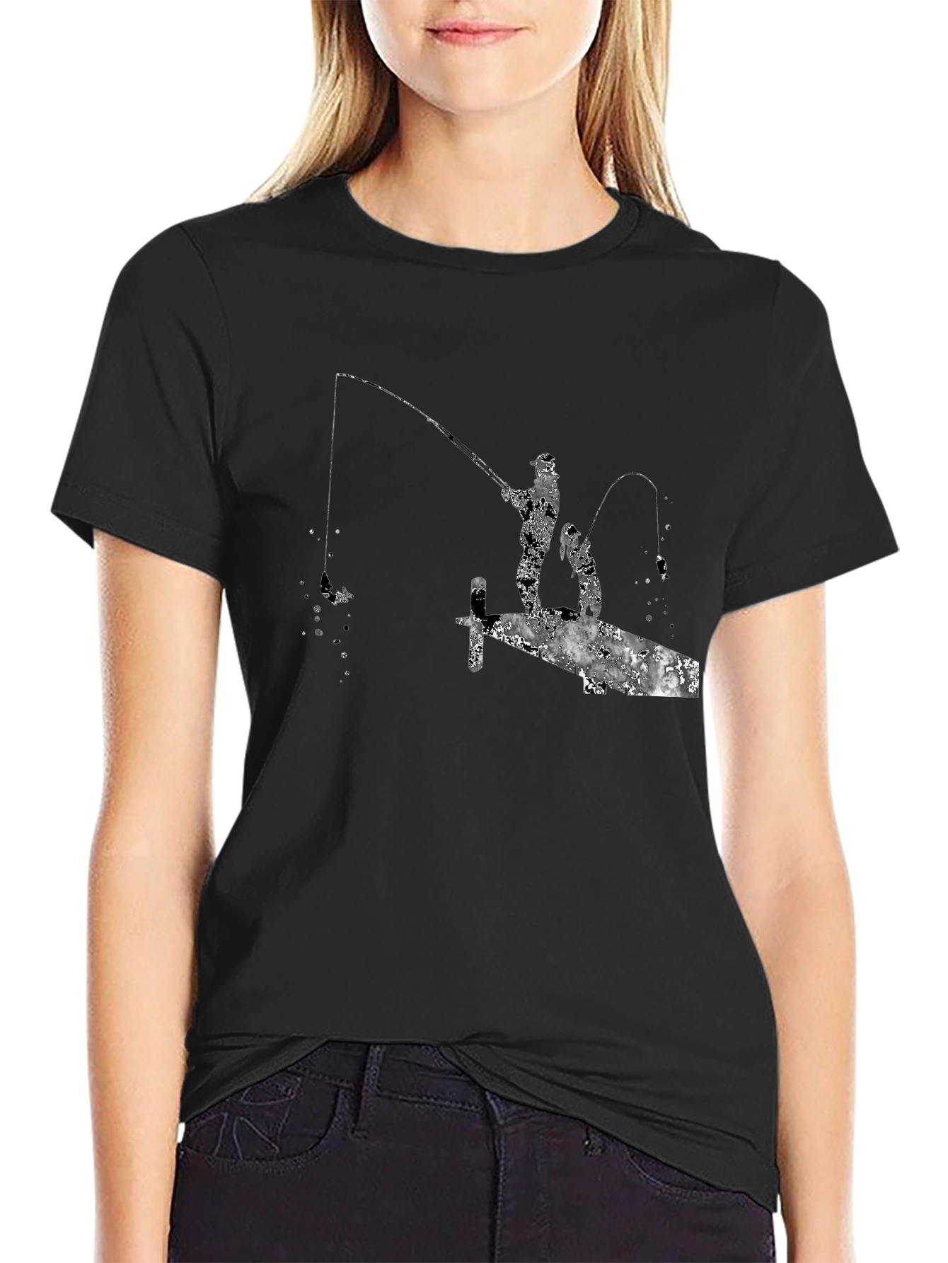 Fishing Silhouette Graphic T-Shirt - Black