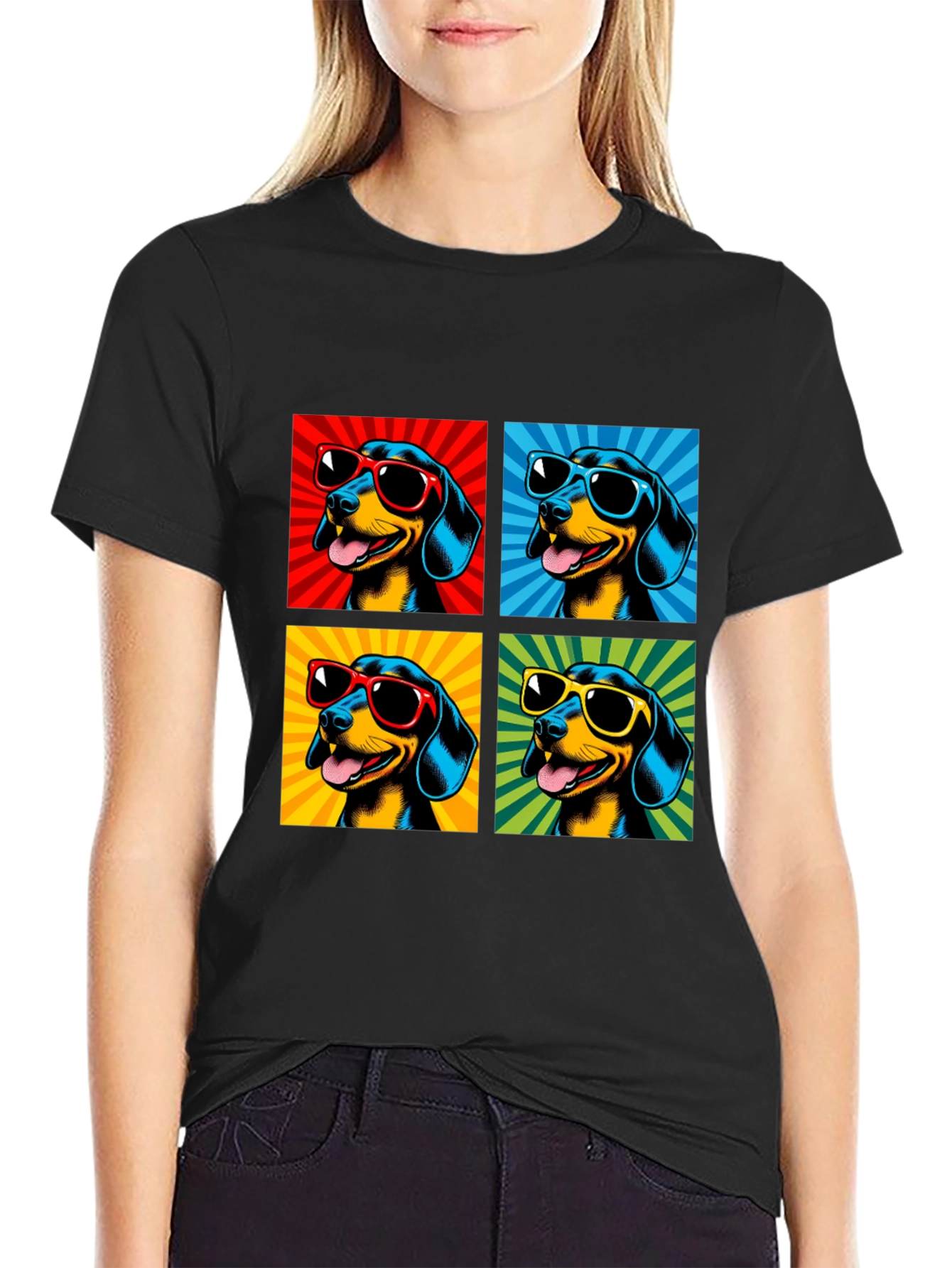 Cool Dachshund Pop Art Black T-Shirt