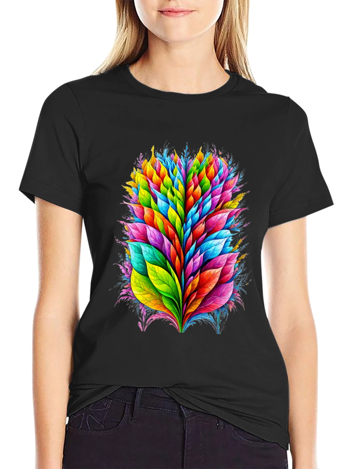 Vibrant Leaf Burst Graphic Tee - Black