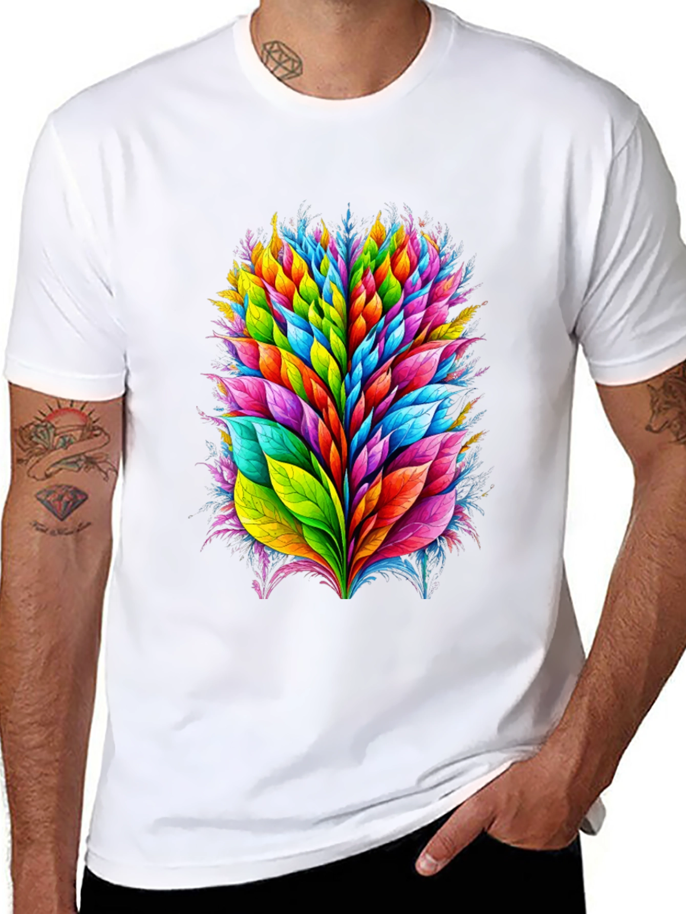 Vibrant Leaf Burst Graphic Tee - Black