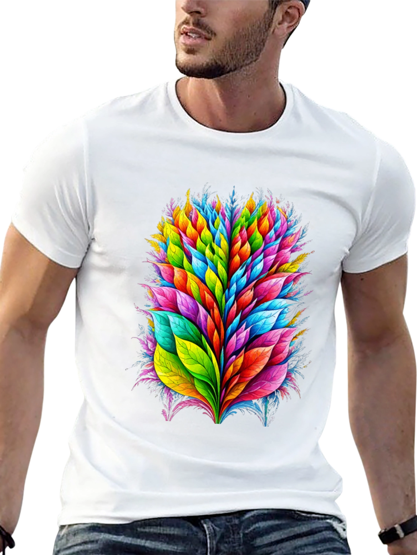 Vibrant Leaf Burst Graphic Tee - Black