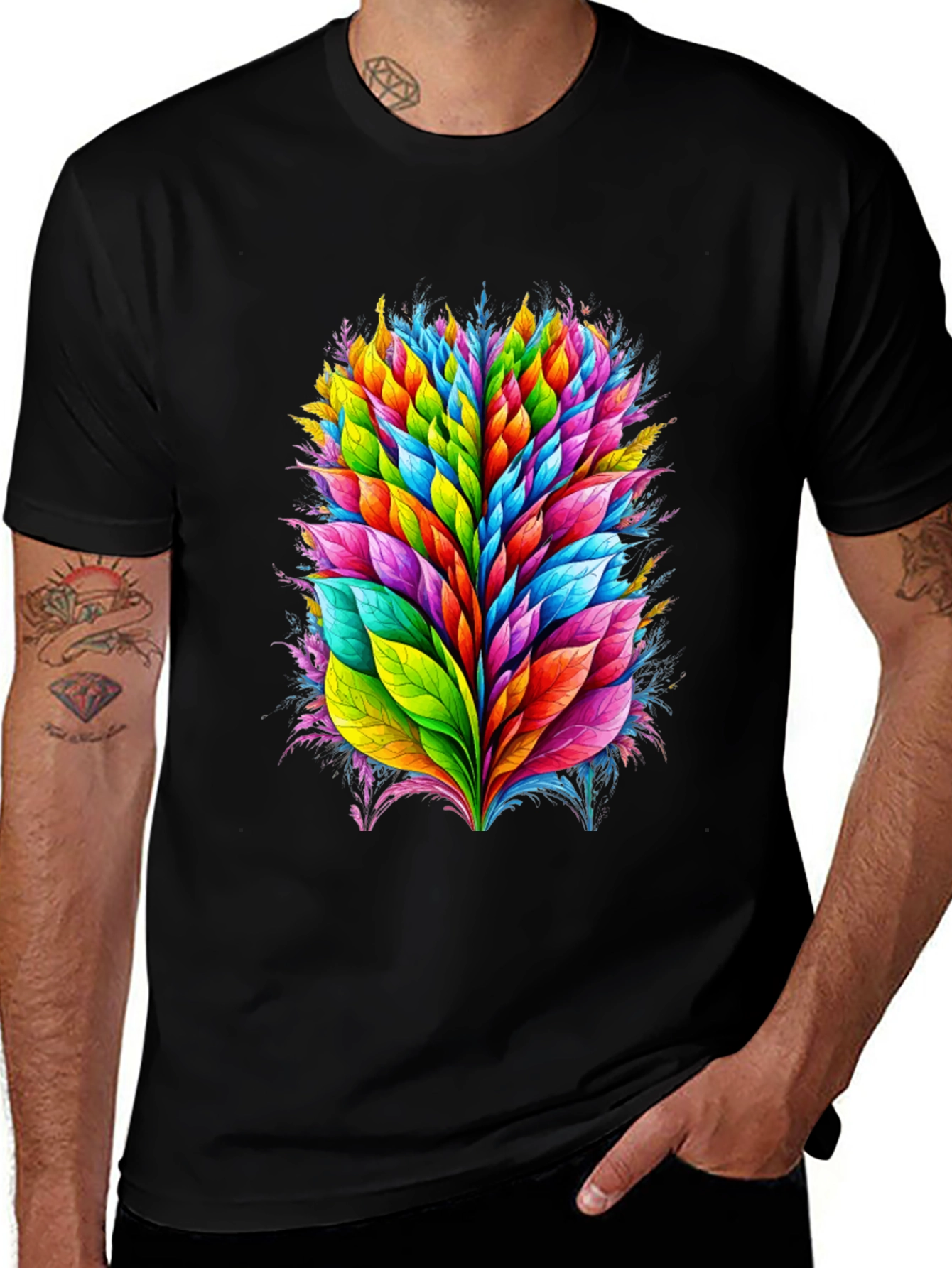 Vibrant Leaf Burst Graphic Tee - Black