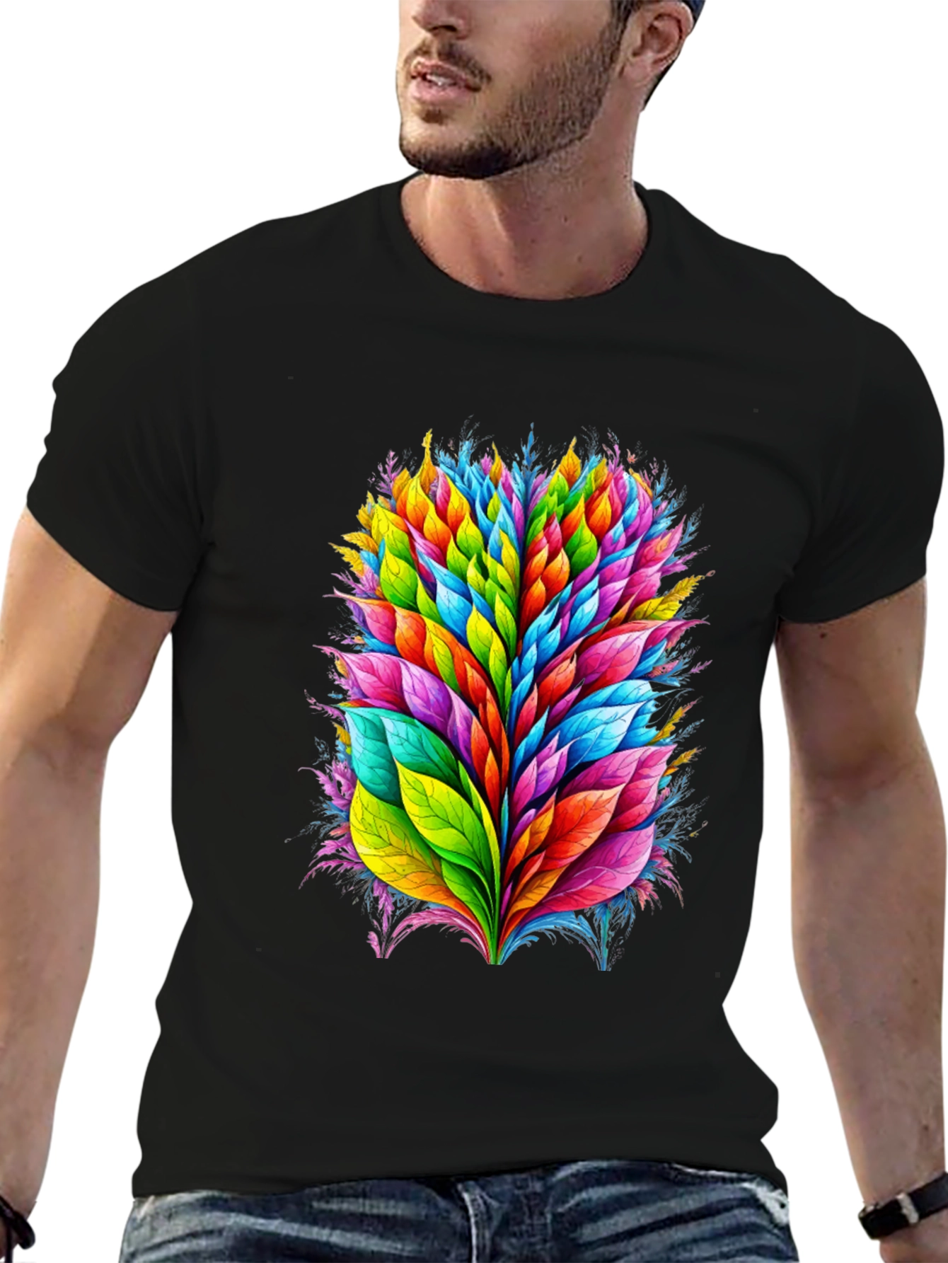 Vibrant Leaf Burst Graphic Tee - Black