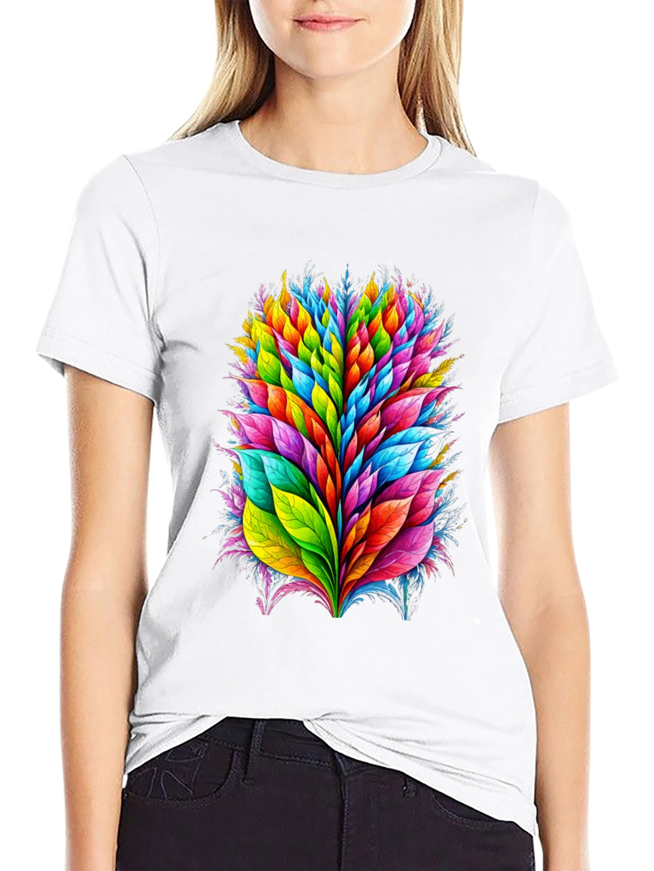 Vibrant Leaf Burst Graphic Tee - Black