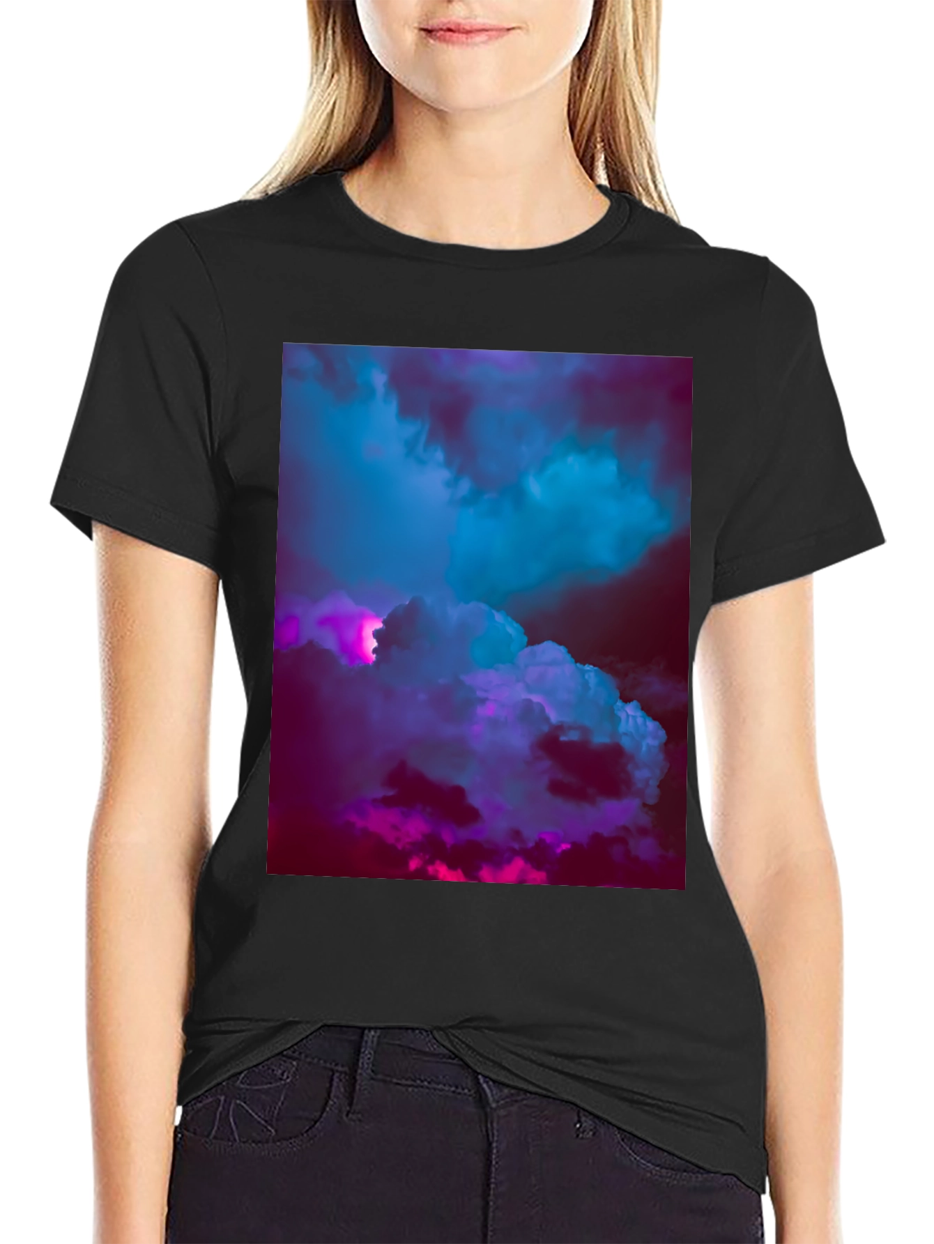 Vaporwave Clouds Graphic Tee - Black Cotton T-Shirt