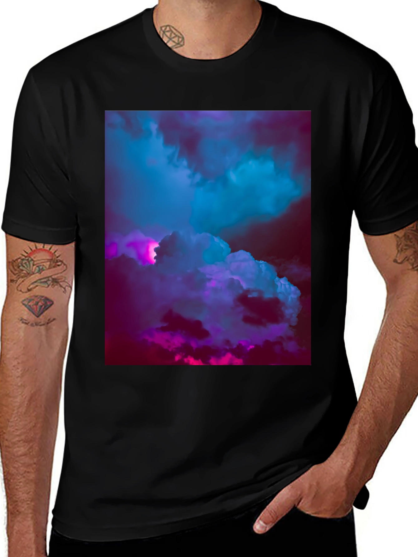 Vaporwave Clouds Graphic Tee - Black Cotton T-Shirt